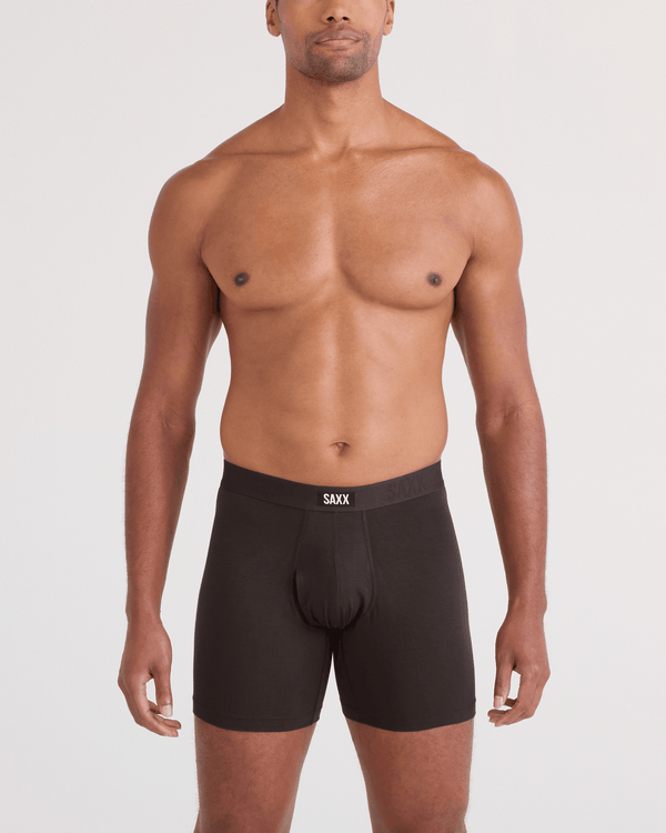 Front - Model wearing Vibe Xtra Soft Comfort Boxer Brief Fly 3 Pack in Seascape/Indigo/Dark Chocolate