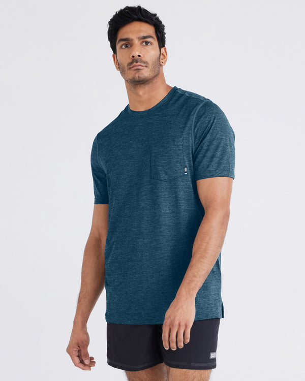 Front - Model wearing Droptemp® All Day Cooling Short Sleeve Tee in Storm Heather