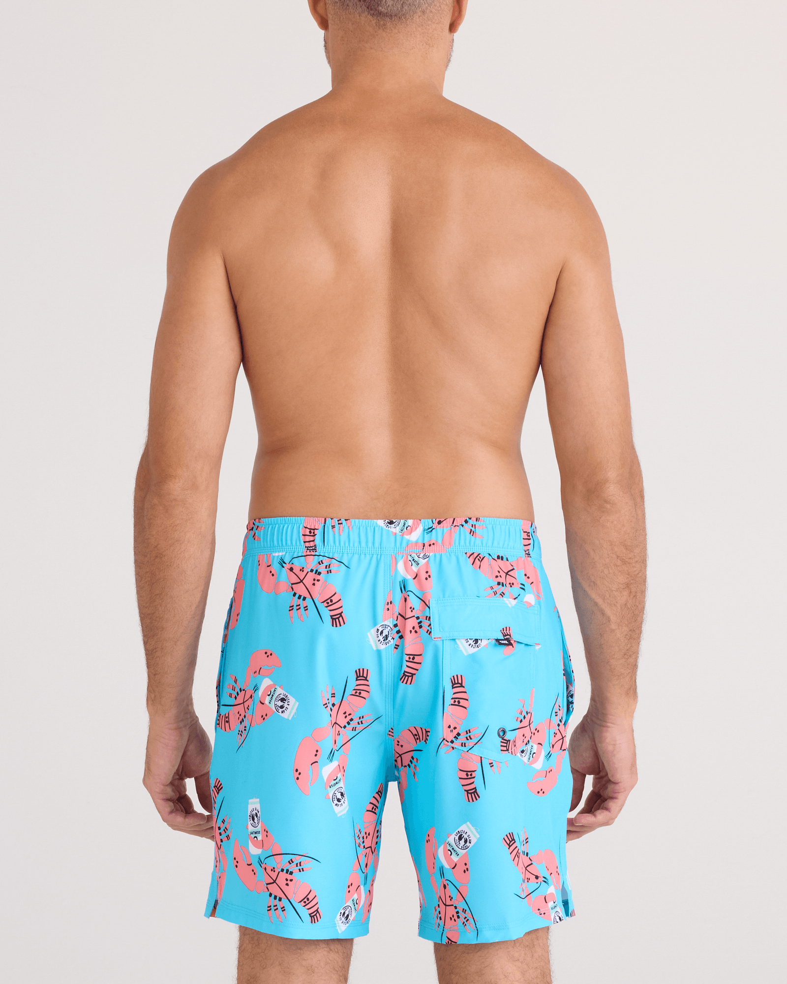 Back - Model wearing Oh Buoy 2N1 Swim Trunk 7" in Clawsome-Maui
