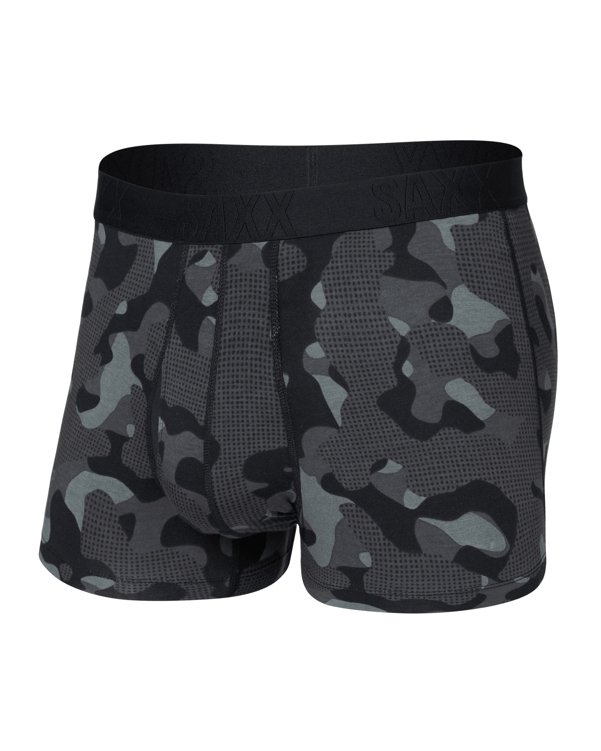 Front of DropTemp Cooling Cotton Trunk Fly in Pebble Camo-Graphite