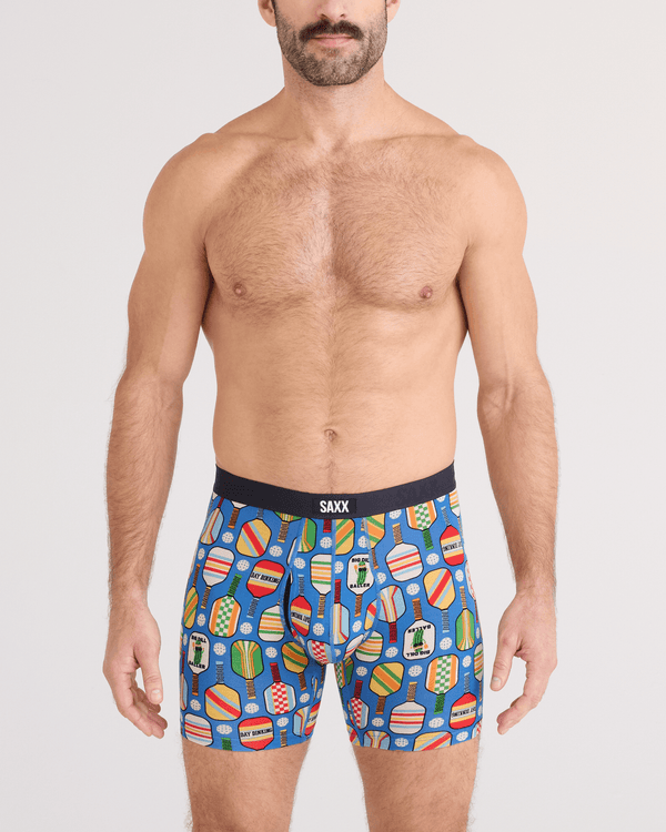 Front - Model wearing Vibe Xtra Soft Comfort Boxer Brief Fly in Day Dinking-Bold Blue