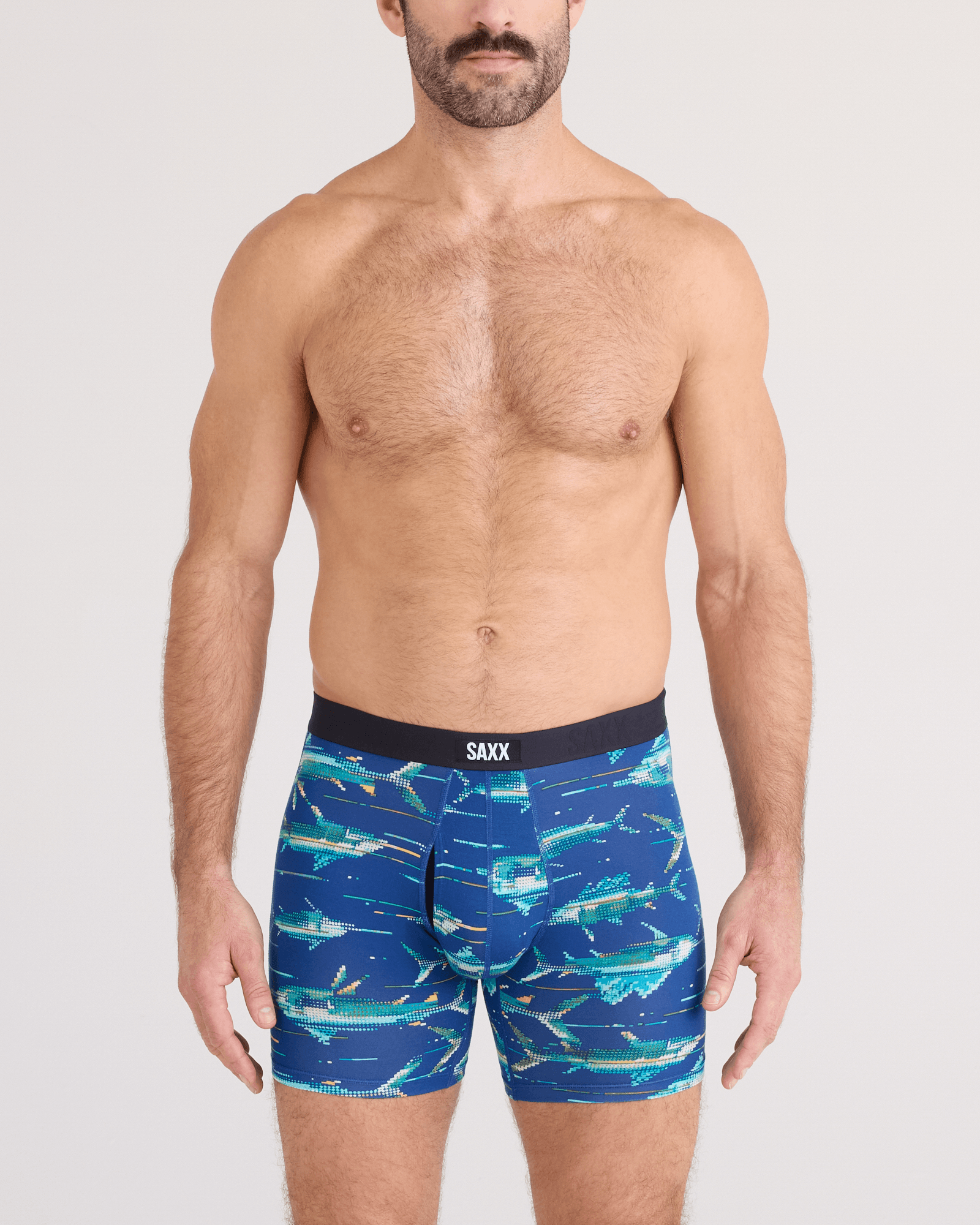 Front - Model wearing Vibe Xtra Soft Comfort Boxer Brief Fly in Digi Fish-Sapphire