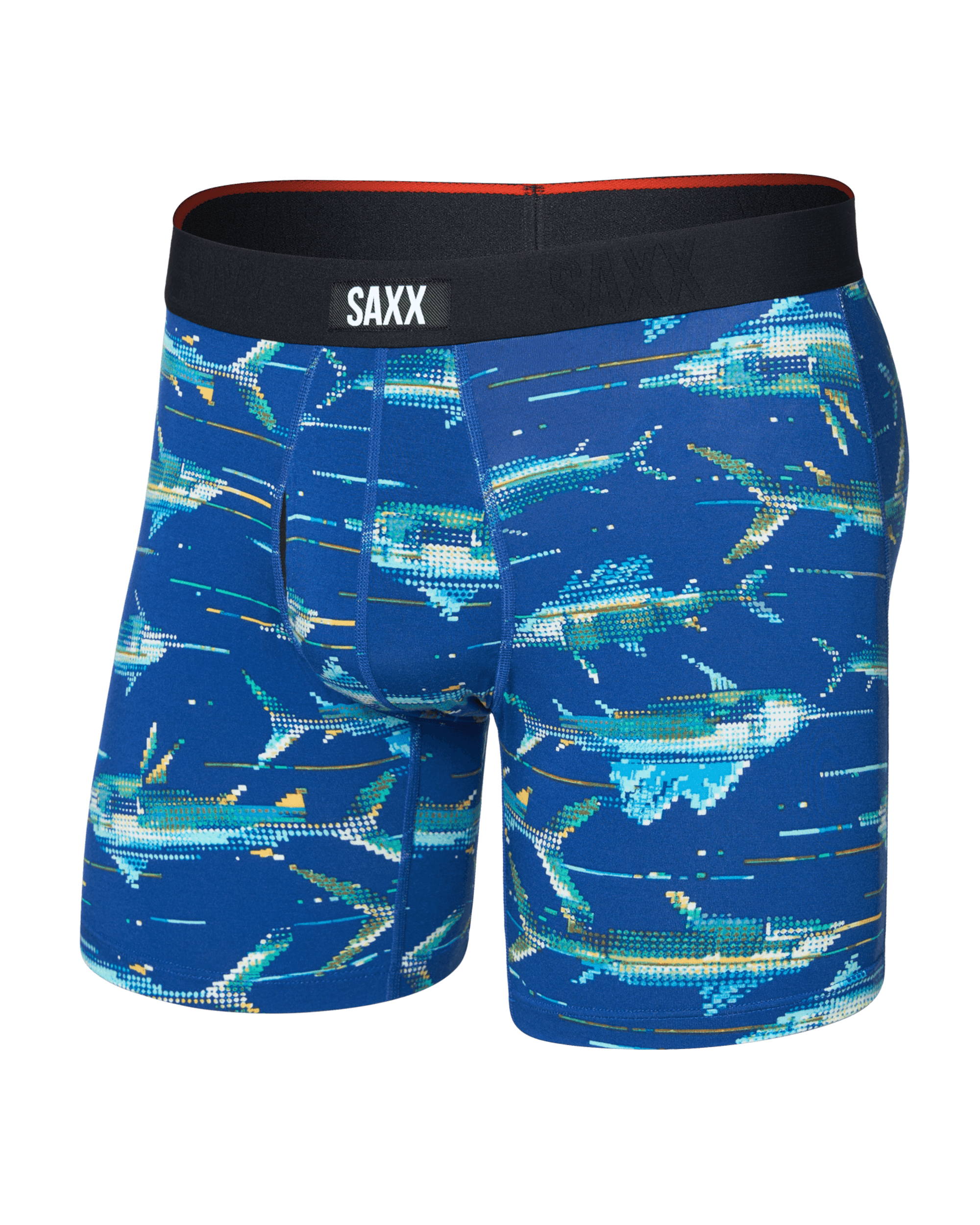 Front of Vibe Xtra Soft Comfort Boxer Brief Fly in Digi Fish-Sapphire