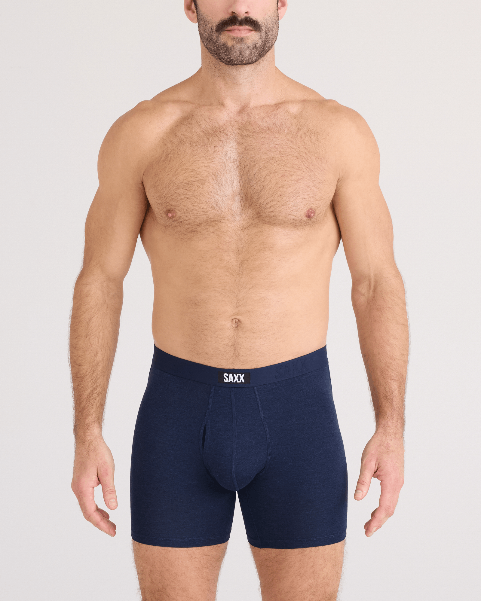 Front - Model wearing  Vibe Xtra Soft Comfort Boxer Brief Fly in Dark Navy Heather