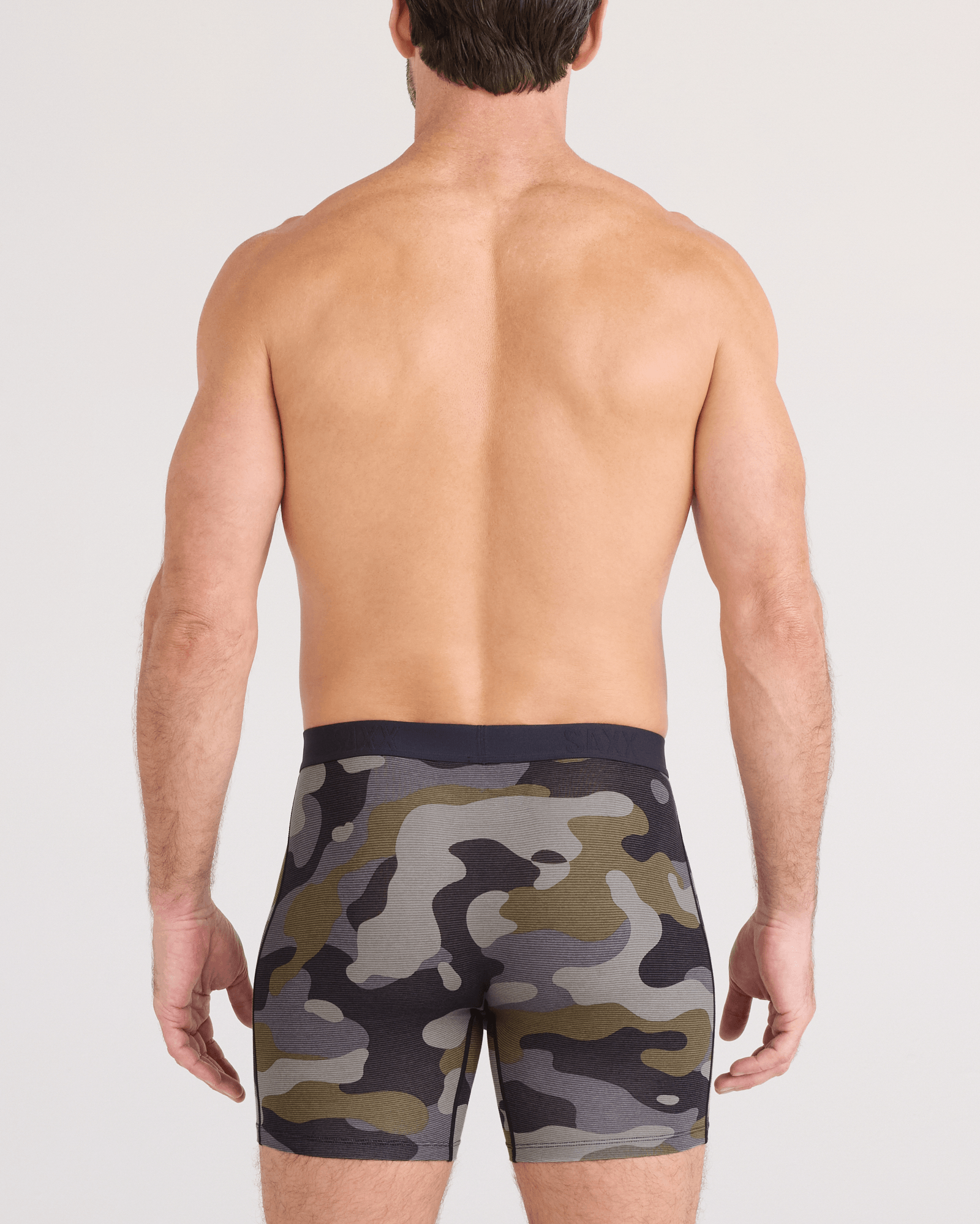Back - Model wearing Vibe Xtra Soft Comfort Boxer Brief Fly in Dunk Tank Camo-Multi