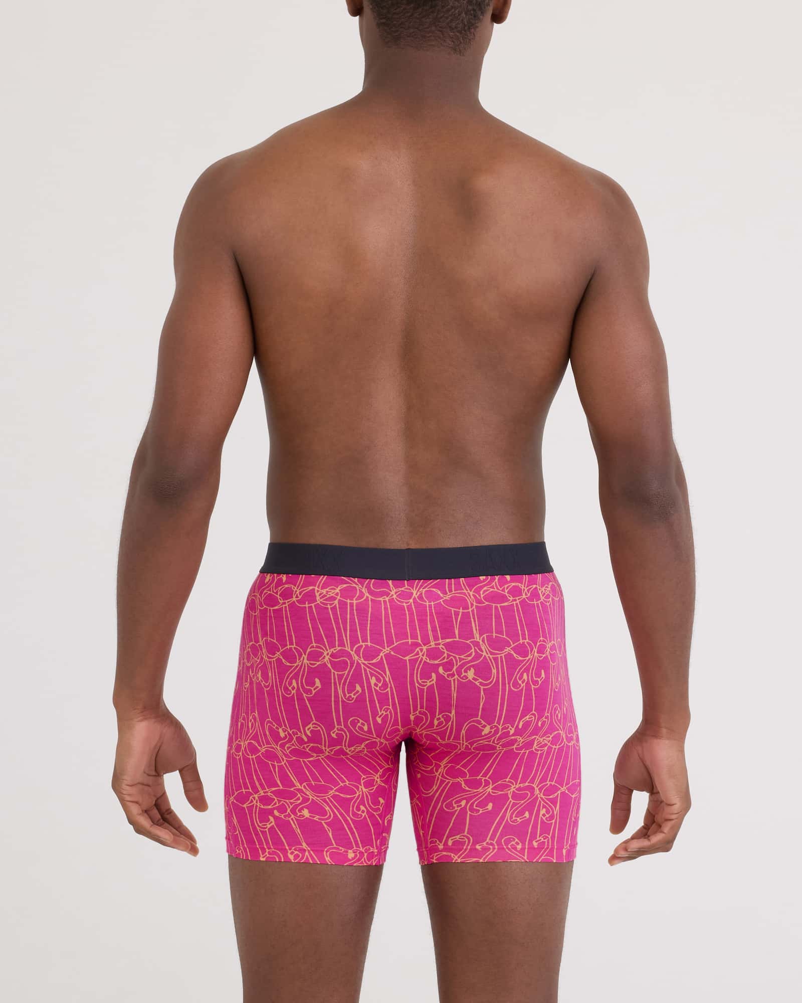 Back - Model wearing Vibe Xtra Soft Comfort Boxer Brief Fly in Flamingo Ink-Fuchsia
