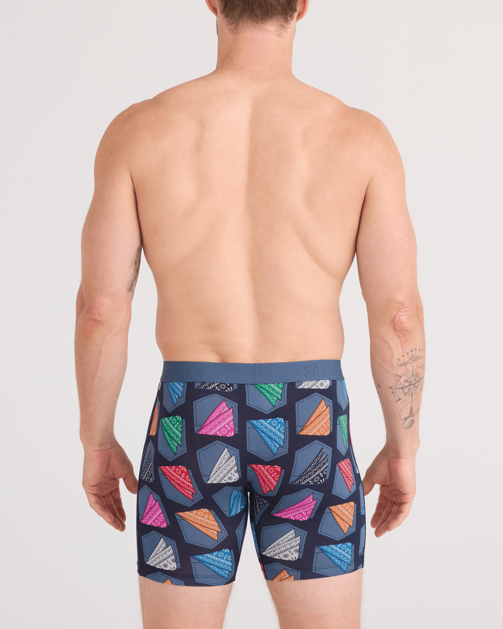Back - Model wearing Vibe Xtra Soft Comfort Boxer Brief Fly in Hankerchief-India Ink