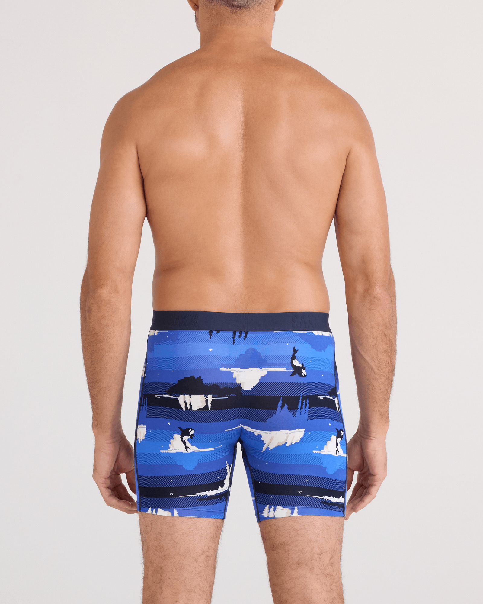 Back - Model wearing Vibe Xtra Soft Comfort Boxer Brief Fly in Iceberg Stripe-Blue