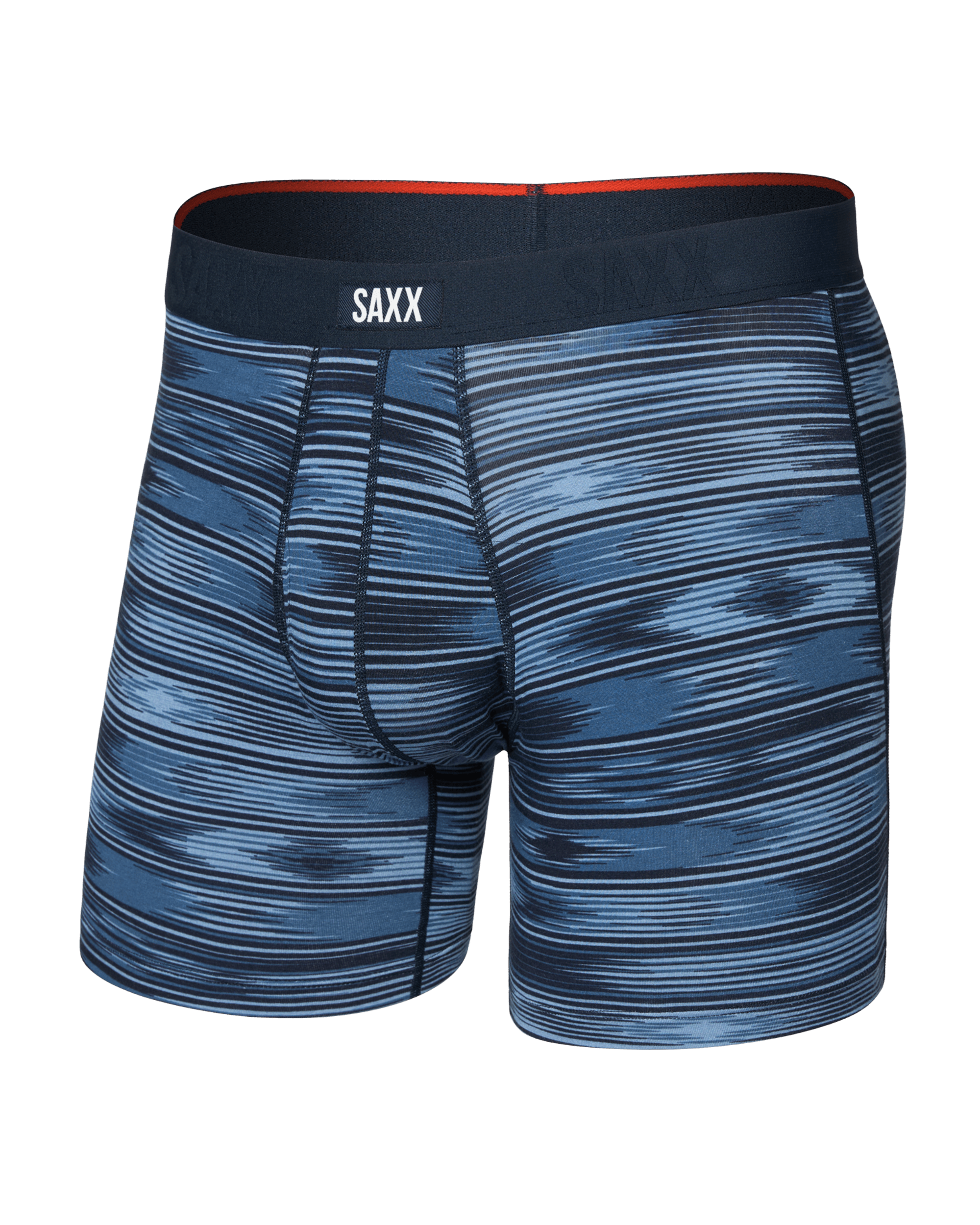 Front of Vibe Xtra Soft Comfort Boxer Brief Fly in Ikat Stripe-Dark Denim