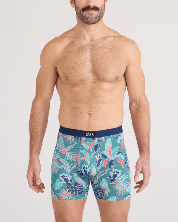 Front - Model wearing Vibe Xtra Soft Comfort Boxer Brief Fly in Island Tropics-Seascape