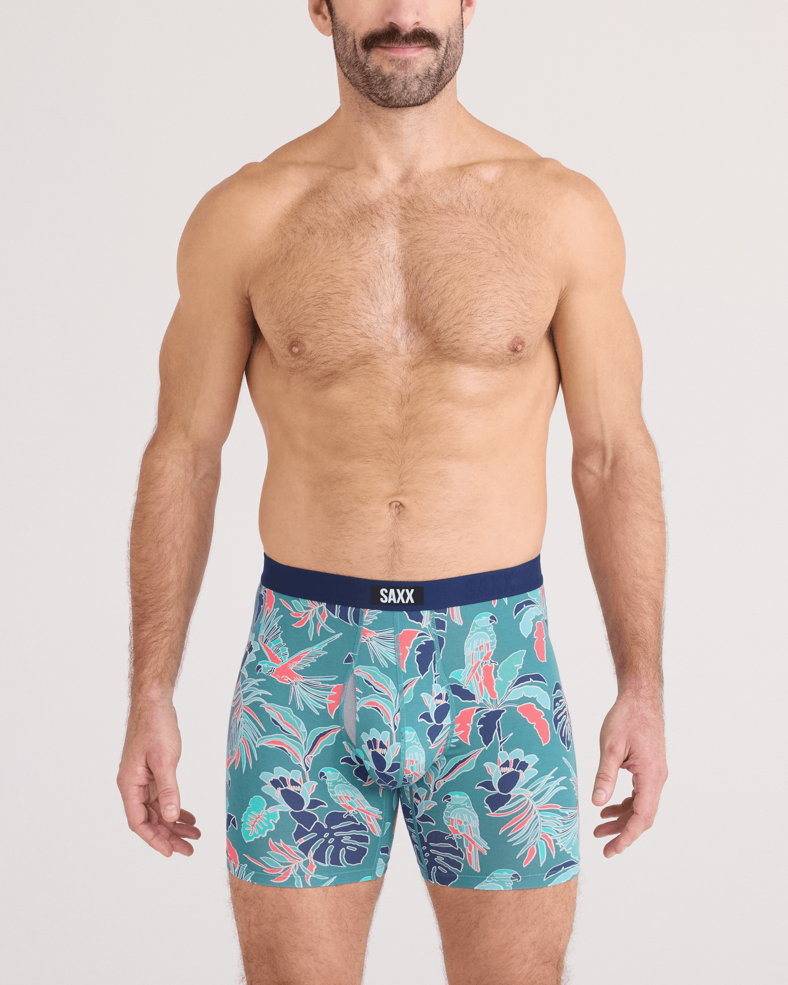 Front - Model wearing Vibe Xtra Soft Comfort Boxer Brief Fly in Island Tropics-Seascape