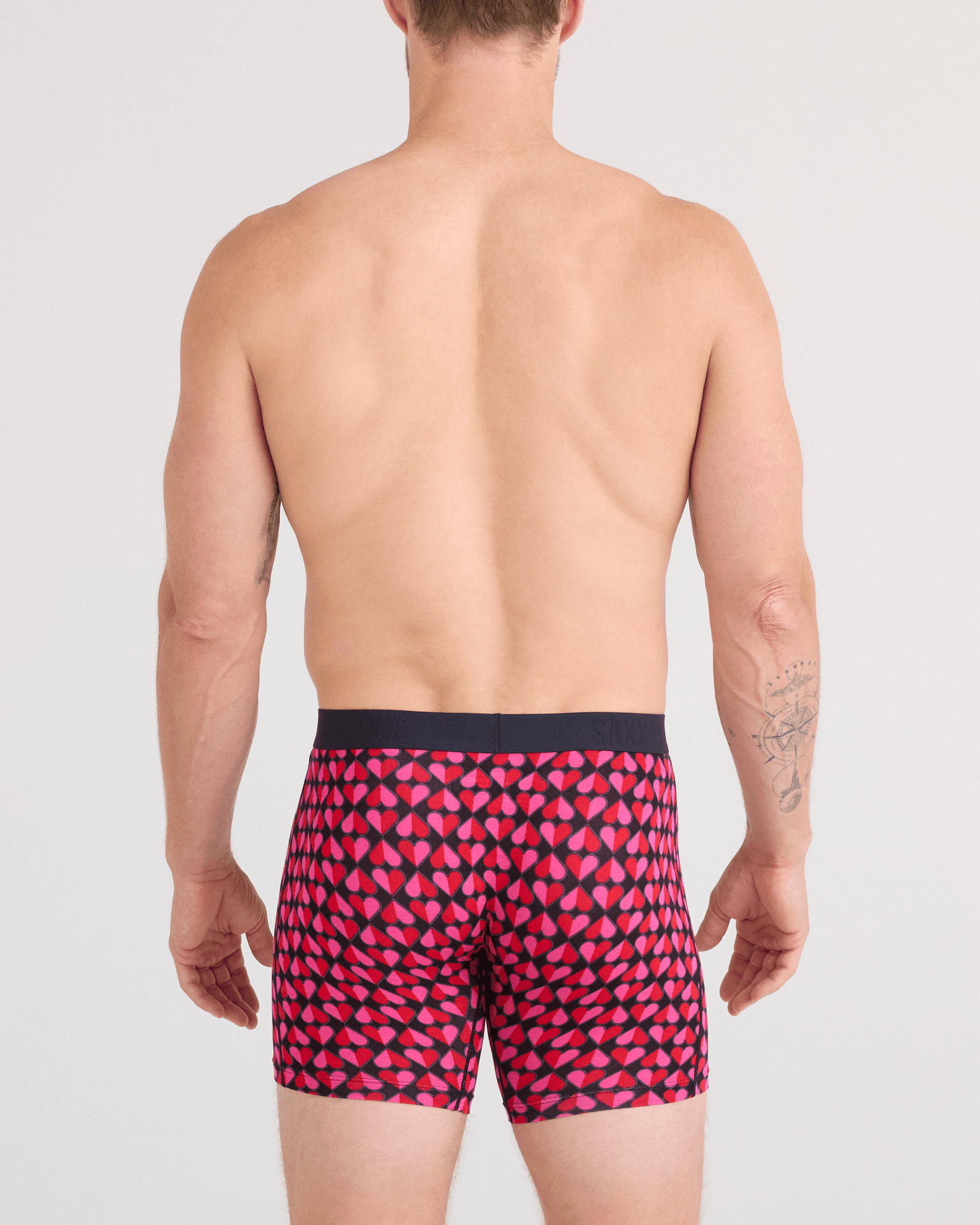 Back - Model wearing Vibe Xtra Soft Comfort Boxer Brief Fly in Love Check Baby-Black