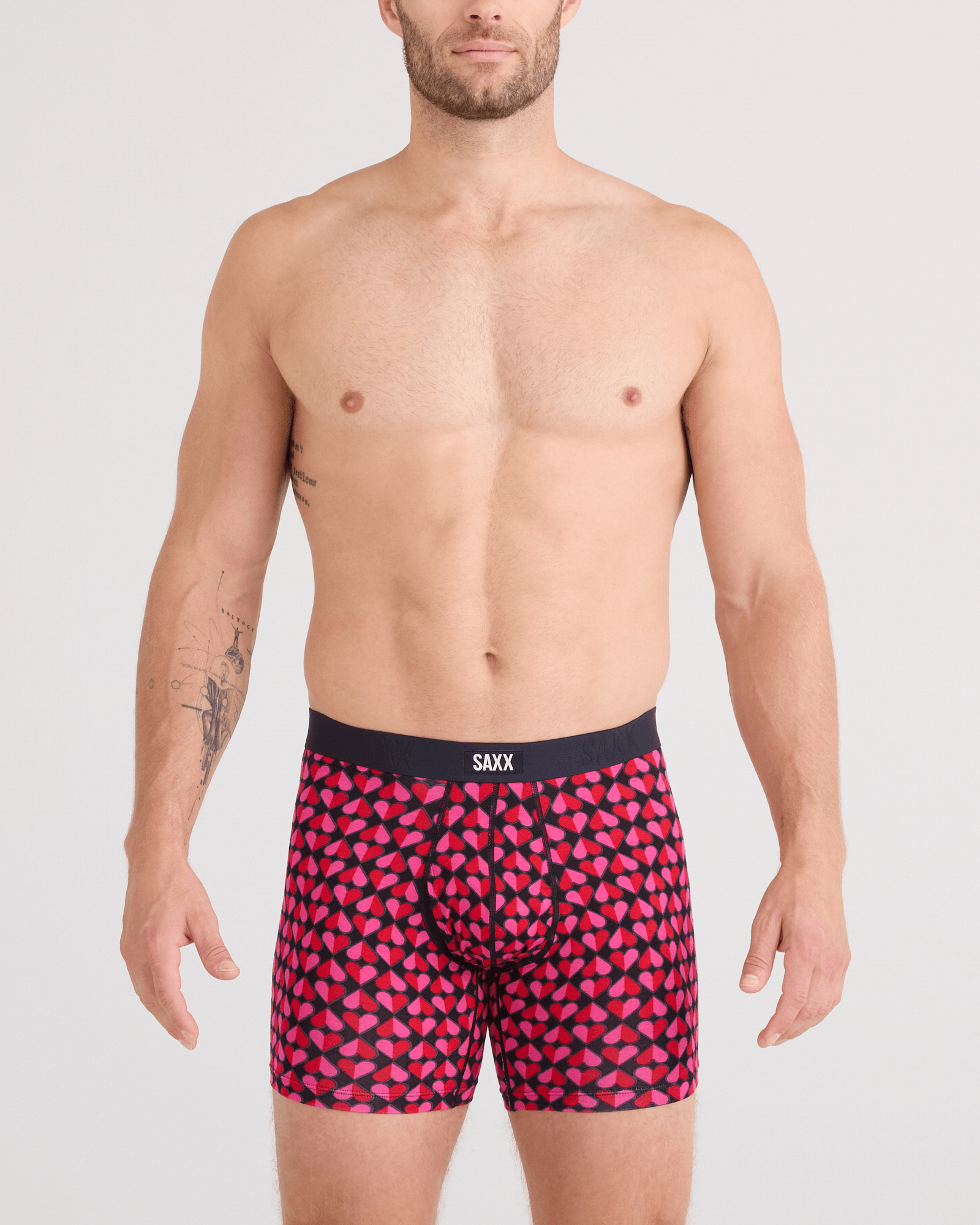 Front - Model wearing Vibe Xtra Soft Comfort Boxer Brief Fly in Love Check Baby-Black