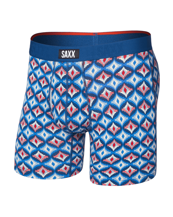Front of Vibe Xtra Soft Comfort Boxer Brief Fly in Lo-Tech Foulard-Blue