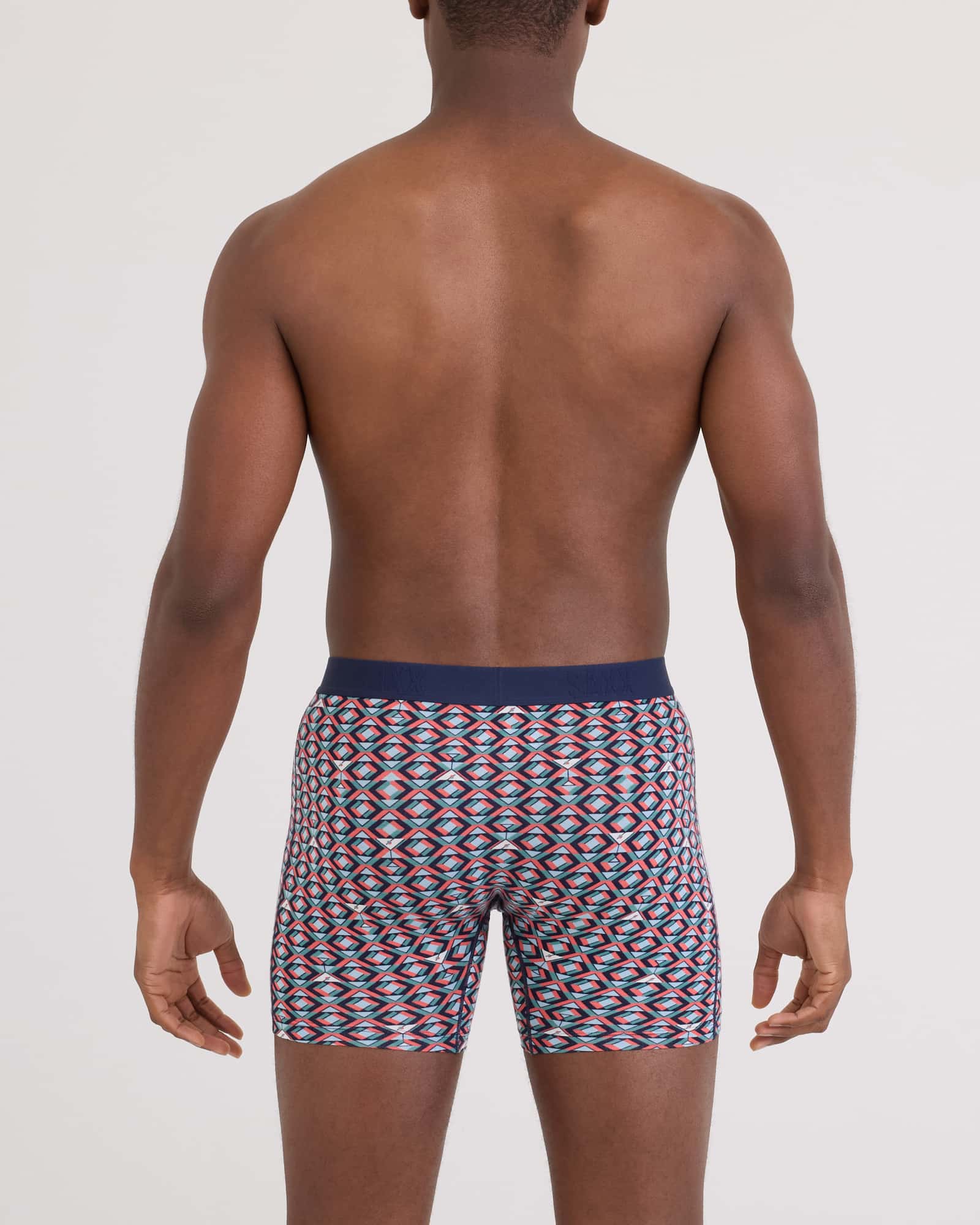 Back - Model wearing Vibe Xtra Soft Comfort Boxer Brief Fly in Martini Geo-Multi