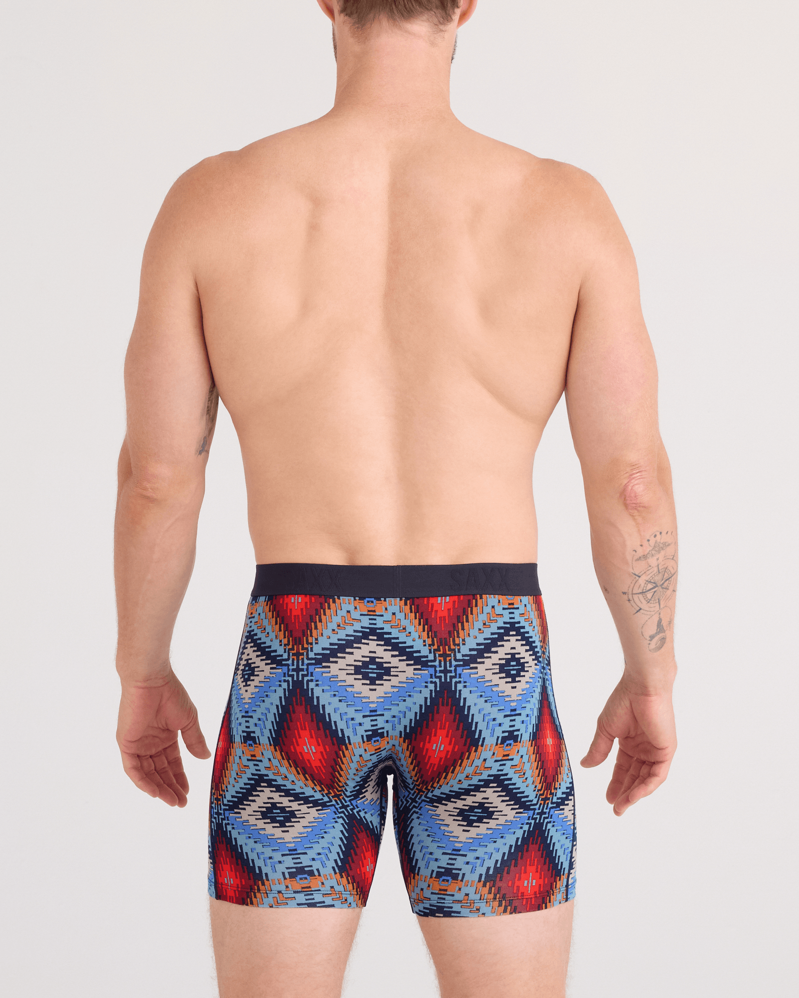 Back - Model wearing  Vibe Xtra Soft Comfort Boxer Brief Fly in Mesa Mosaic-Multi