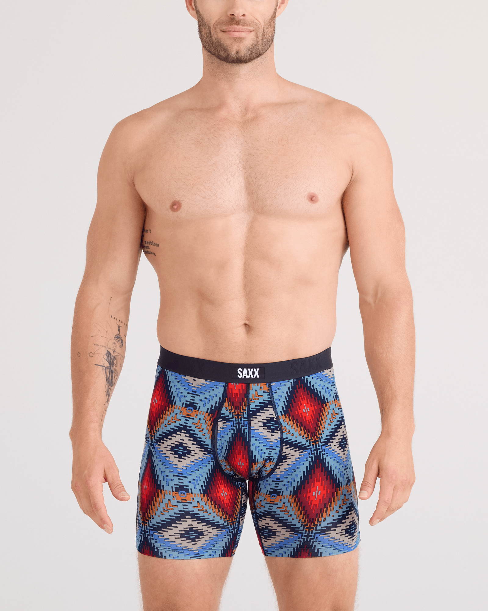 Front - Model wearing  Vibe Xtra Soft Comfort Boxer Brief Fly in Mesa Mosaic-Multi