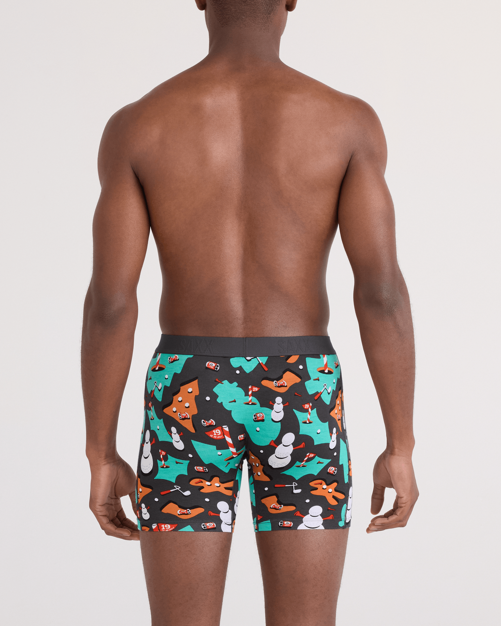 Back - Model wearing Vibe Xtra Soft Comfort Boxer Brief Fly in 19th Hole-idays-Faded Black