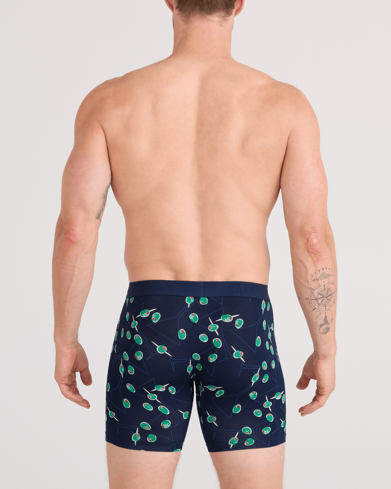 Back - Model wearing Vibe Xtra Soft Comfort Boxer Brief Fly in Olive You-Maritime