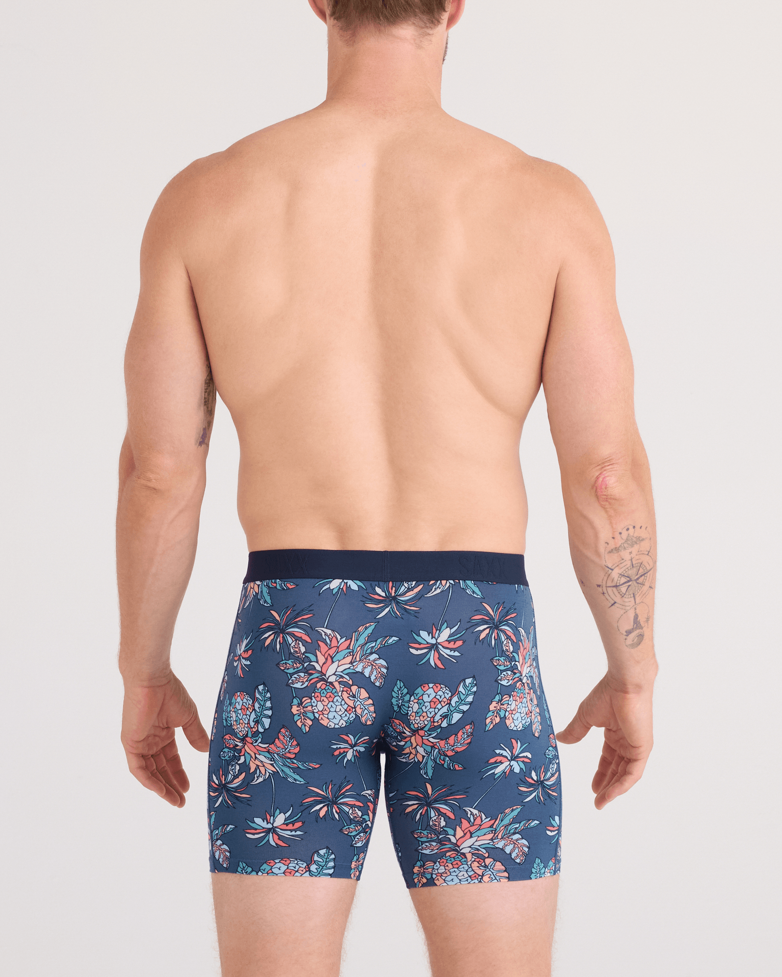 Back - Model wearing  Vibe Xtra Soft Comfort Boxer Brief Fly in Pineapple Tropic-Indigo