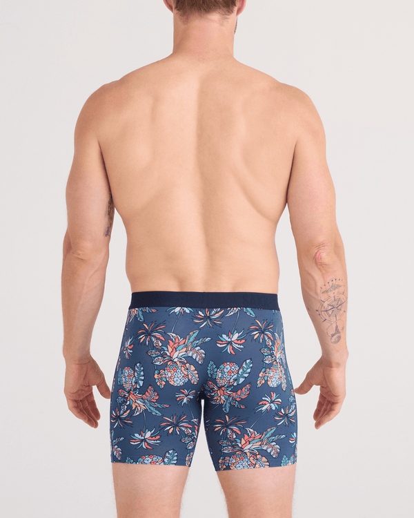 Back - Model wearing Vibe Xtra Soft Comfort Boxer Brief Fly in Pineapple Tropic-Indigo