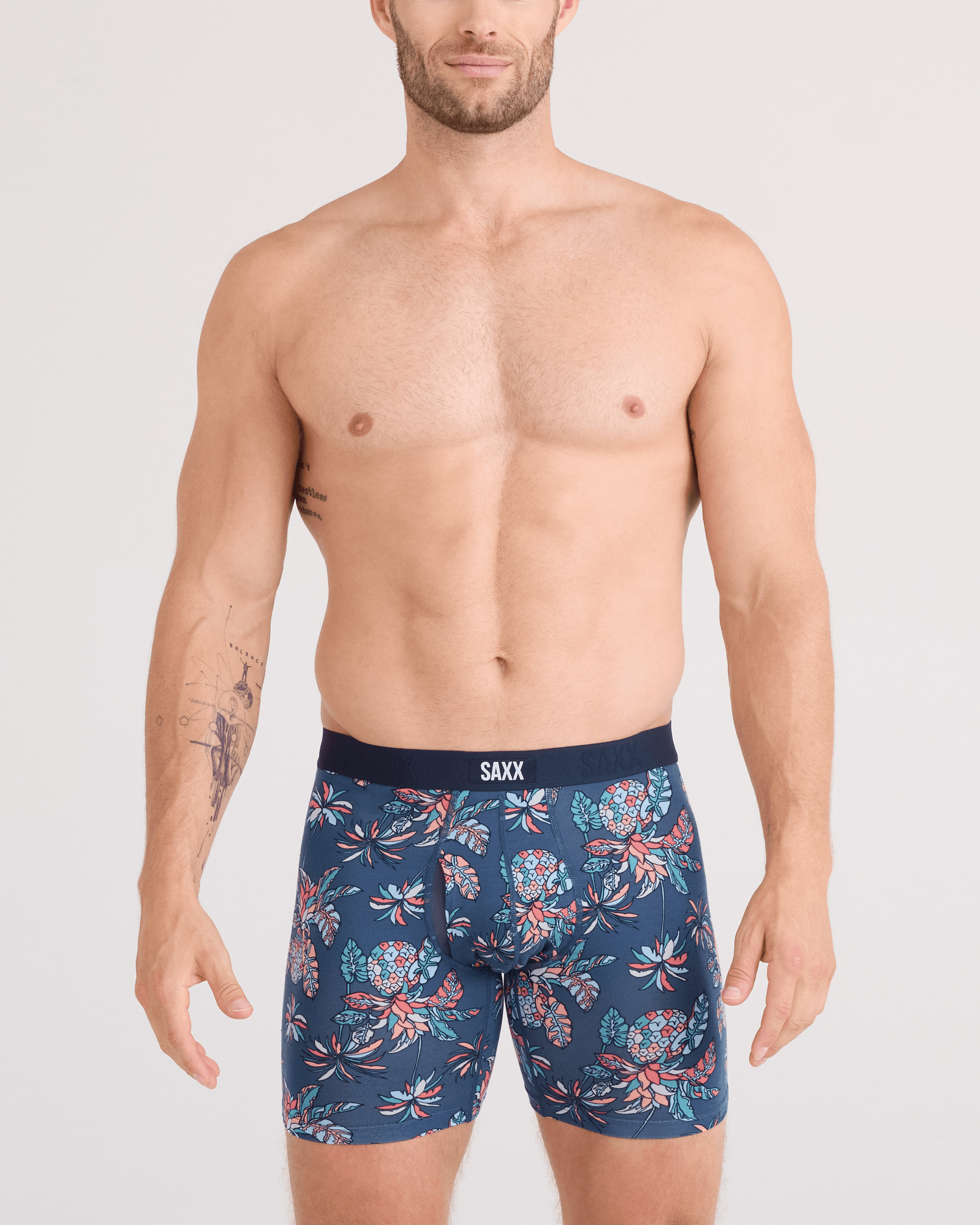 Front - Model wearing  Vibe Xtra Soft Comfort Boxer Brief Fly in Pineapple Tropic-Indigo