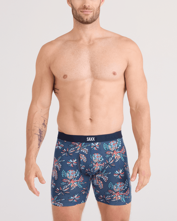 Front - Model wearing Vibe Xtra Soft Comfort Boxer Brief Fly in Pineapple Tropic-Indigo