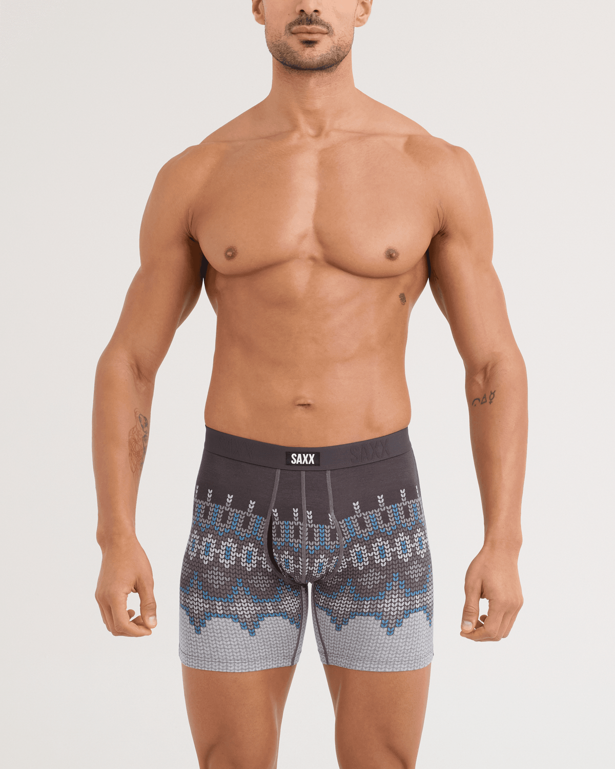 Front - Model wearing Vibe Xtra Soft Comfort Boxer Brief in Shetland Stripe-Dark Grey