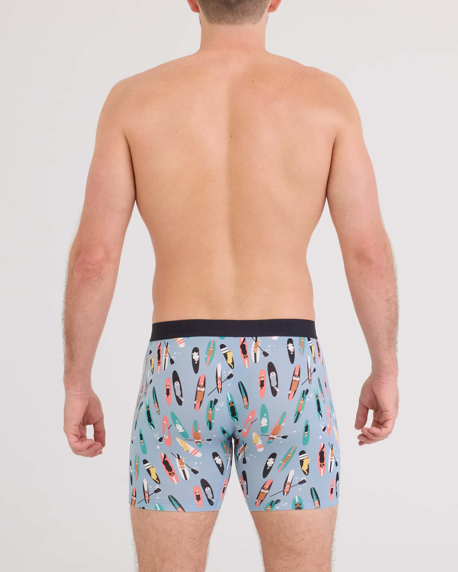 Back - Model wearing Vibe Xtra Boxer Brief Fly in Sup Dogs-Ashley Blue