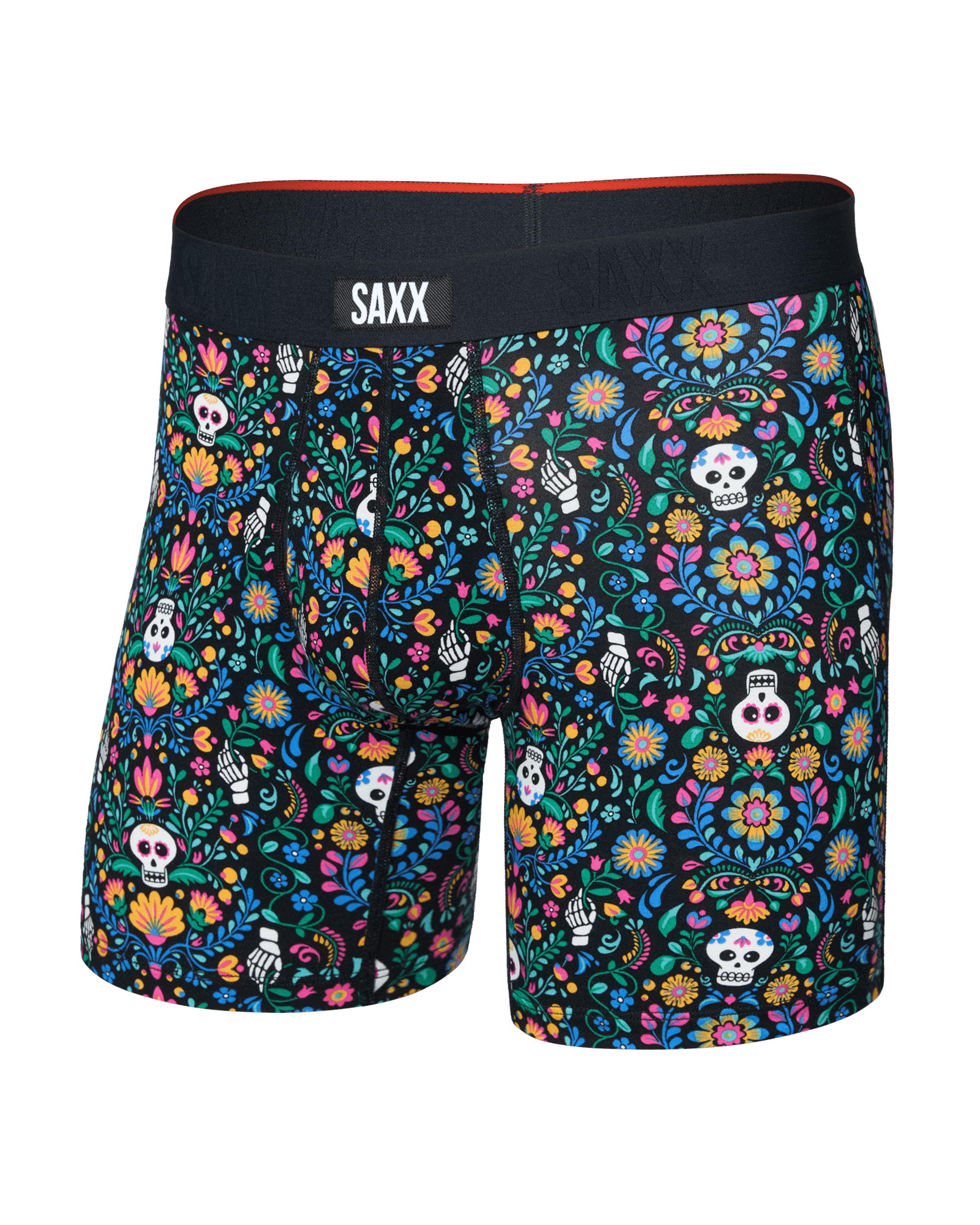 Front of Vibe Xtra Soft Comfort Boxer Brief Fly in Skull Garden-Multi