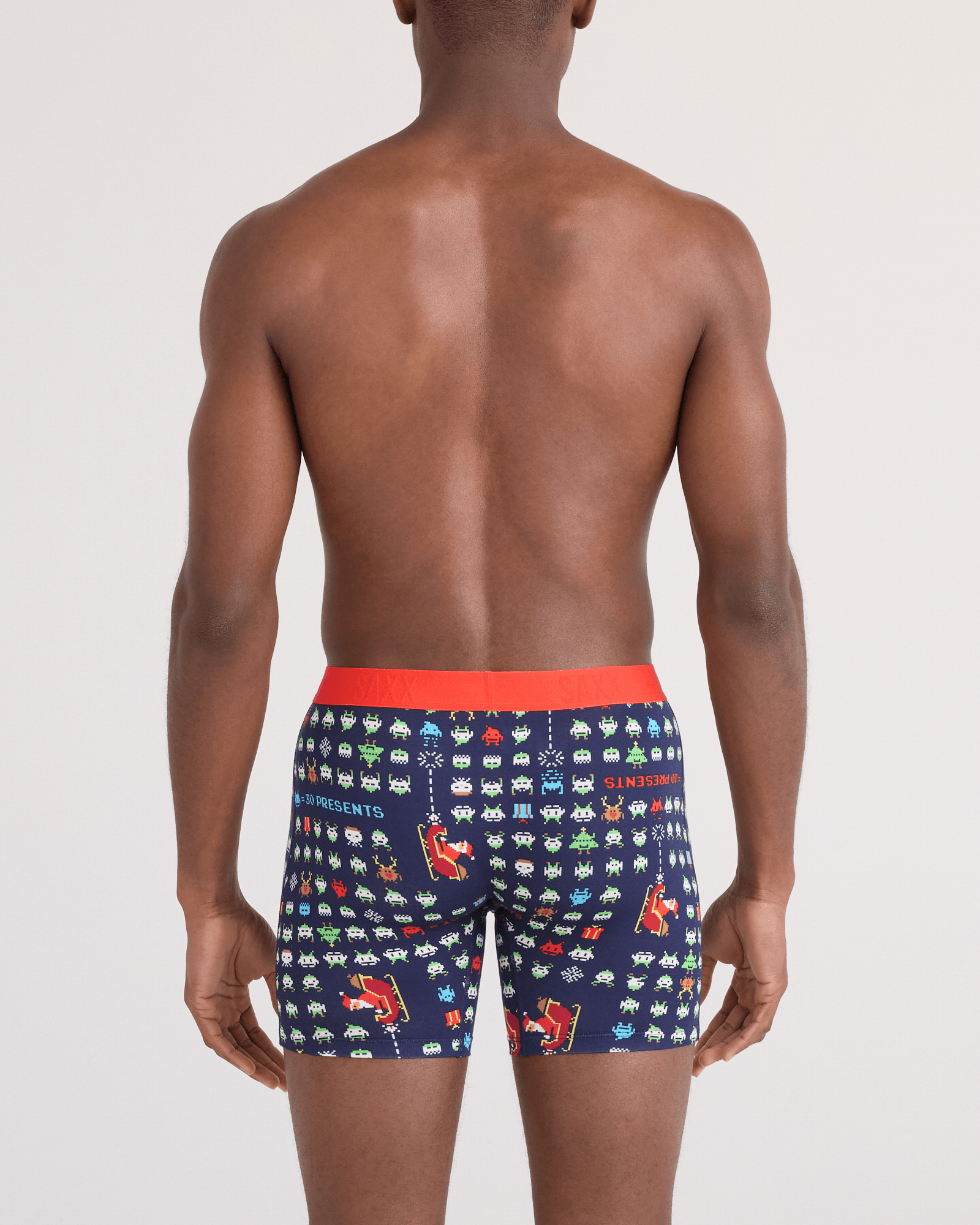 Back - Model wearing Vibe Xtra Soft Comfort Boxer Brief Fly in Sleigh Invaders-Maritime
