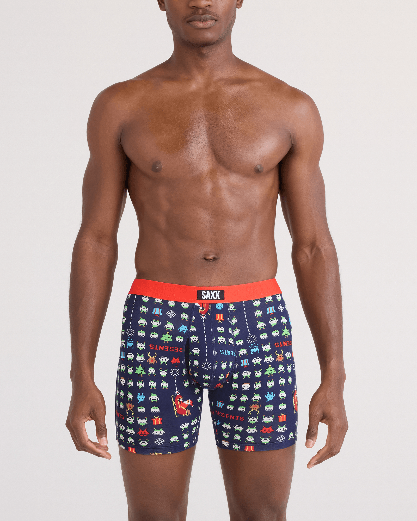 Front - Model wearing Vibe Xtra Soft Comfort Boxer Brief Fly 5 Pack in Sweet/Sleigh Invaders/Black