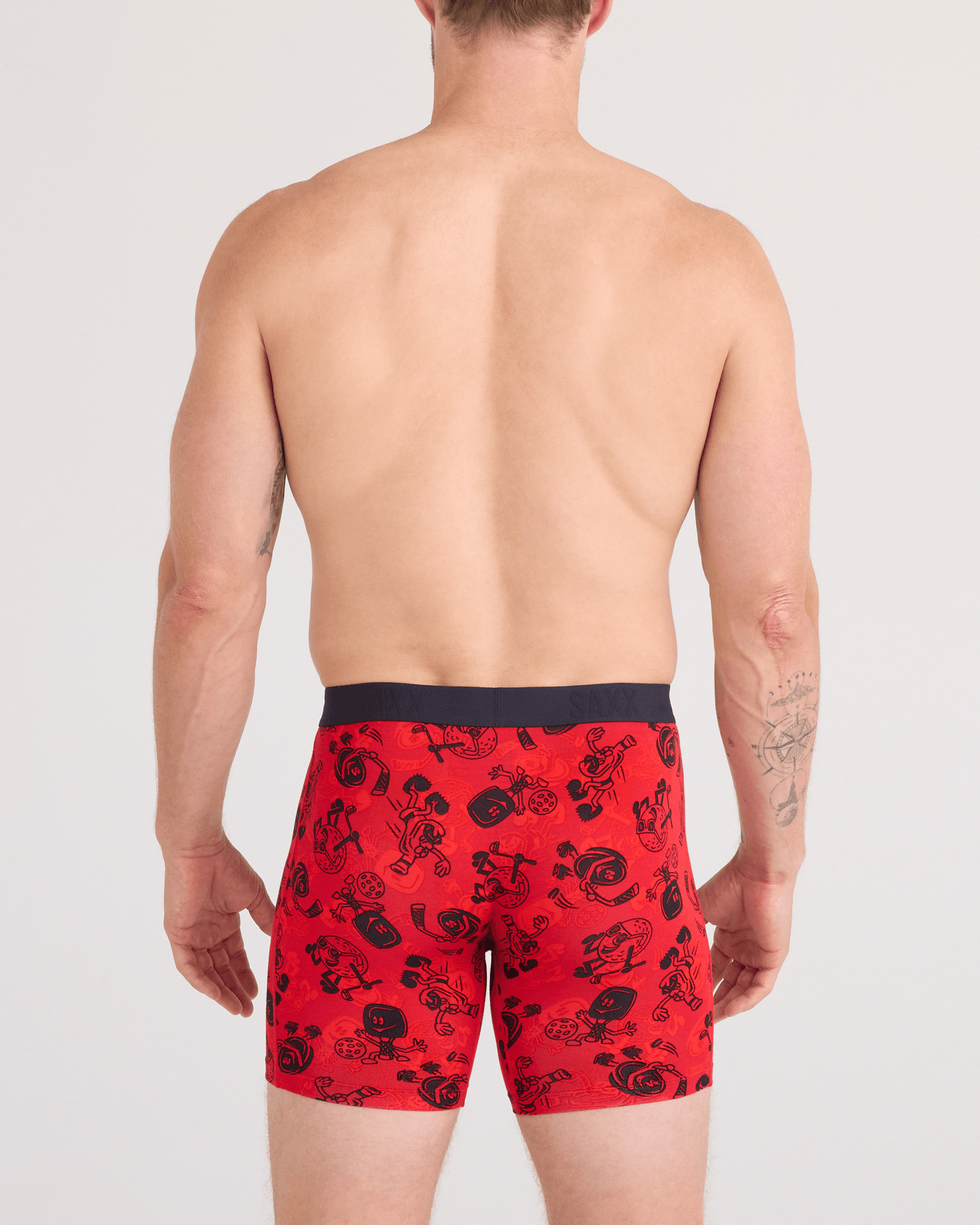 Back - Model wearing Vibe Xtra Soft Comfort Boxer Brief Fly in Sloshed Ball-Cherry