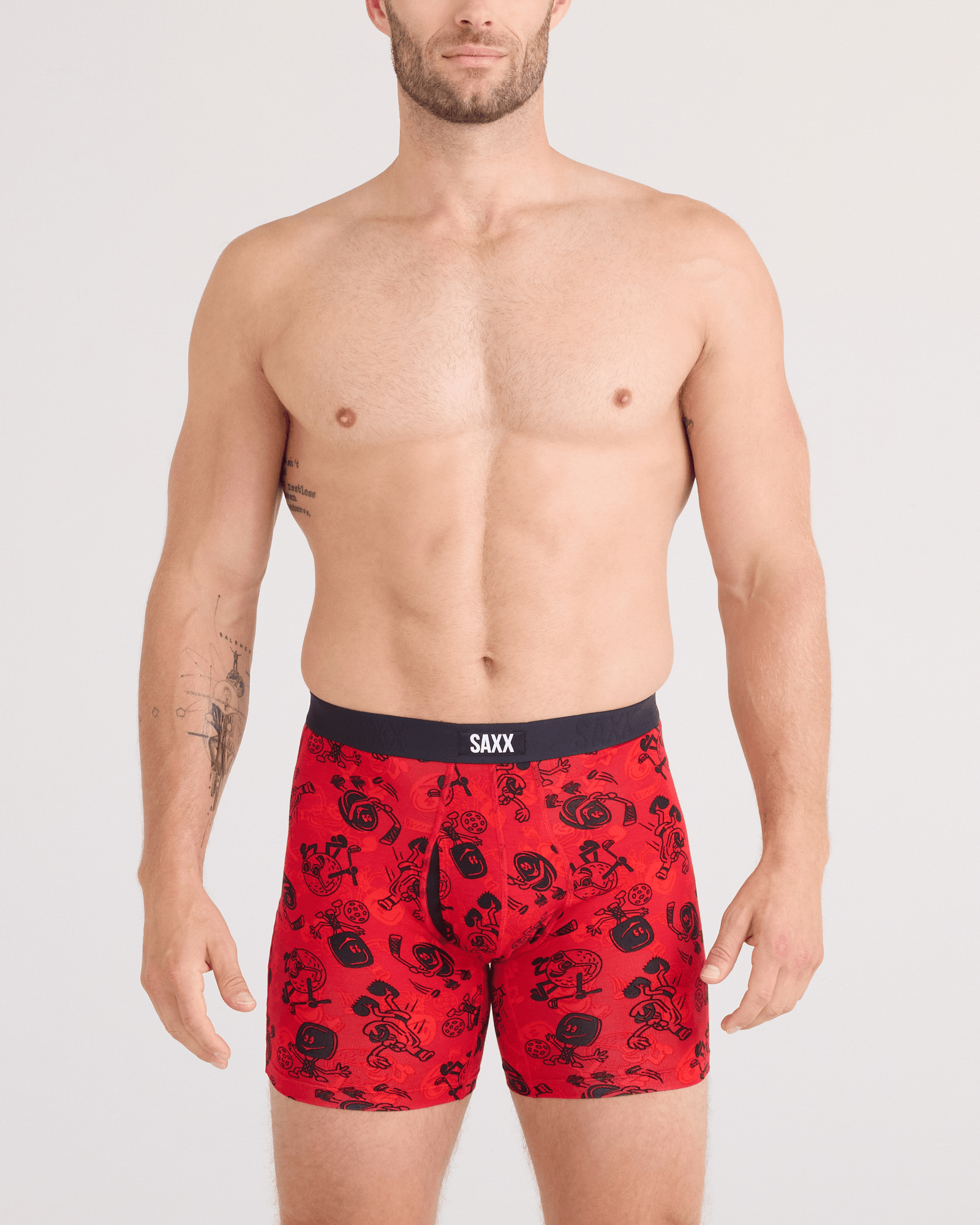 Front - Model wearing Vibe Xtra Soft Comfort Boxer Brief Fly in Sloshed Ball-Cherry