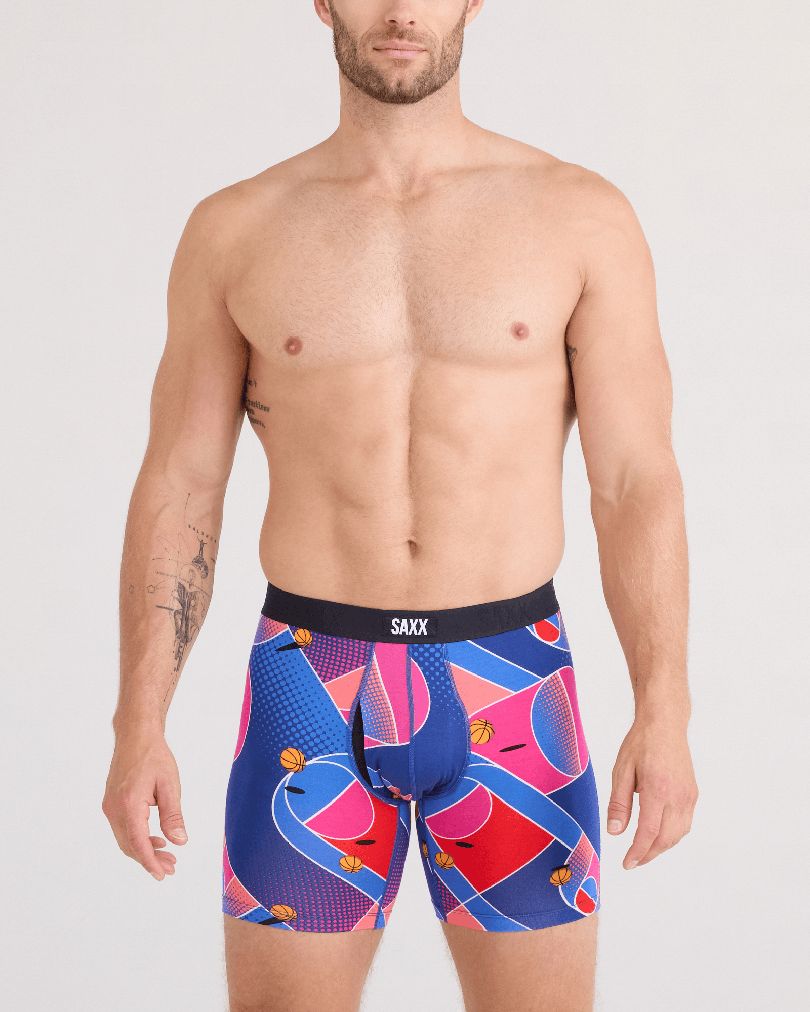 Front - Model wearing Vibe Xtra Soft Comfort Boxer Brief Fly in Sport Court-Multi