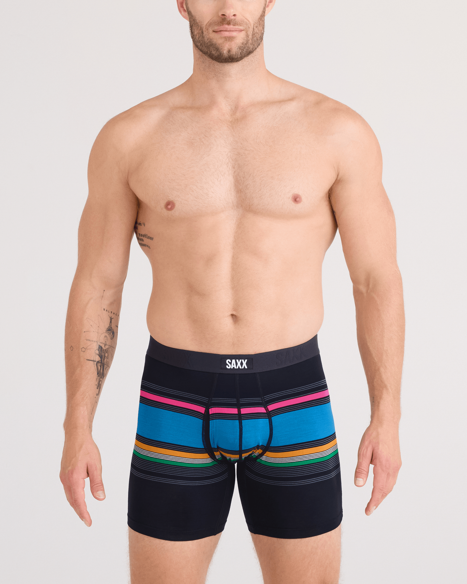 Front - Model wearing  Vibe Xtra Soft Comfort Boxer Brief Fly in Throwback Stripe-Multi