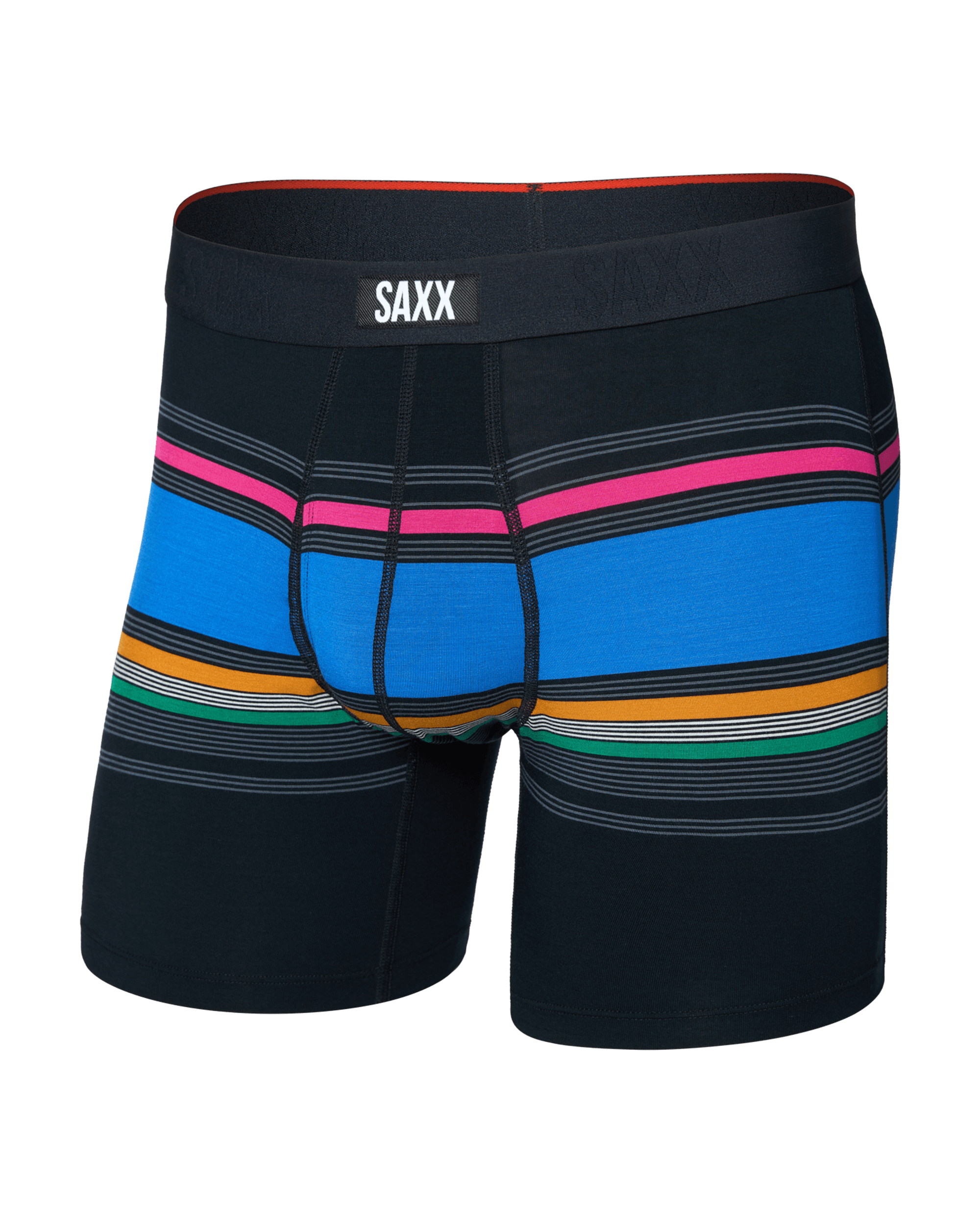Front of Vibe Xtra Soft Comfort Boxer Brief Fly in Throwback Stripe-Multi