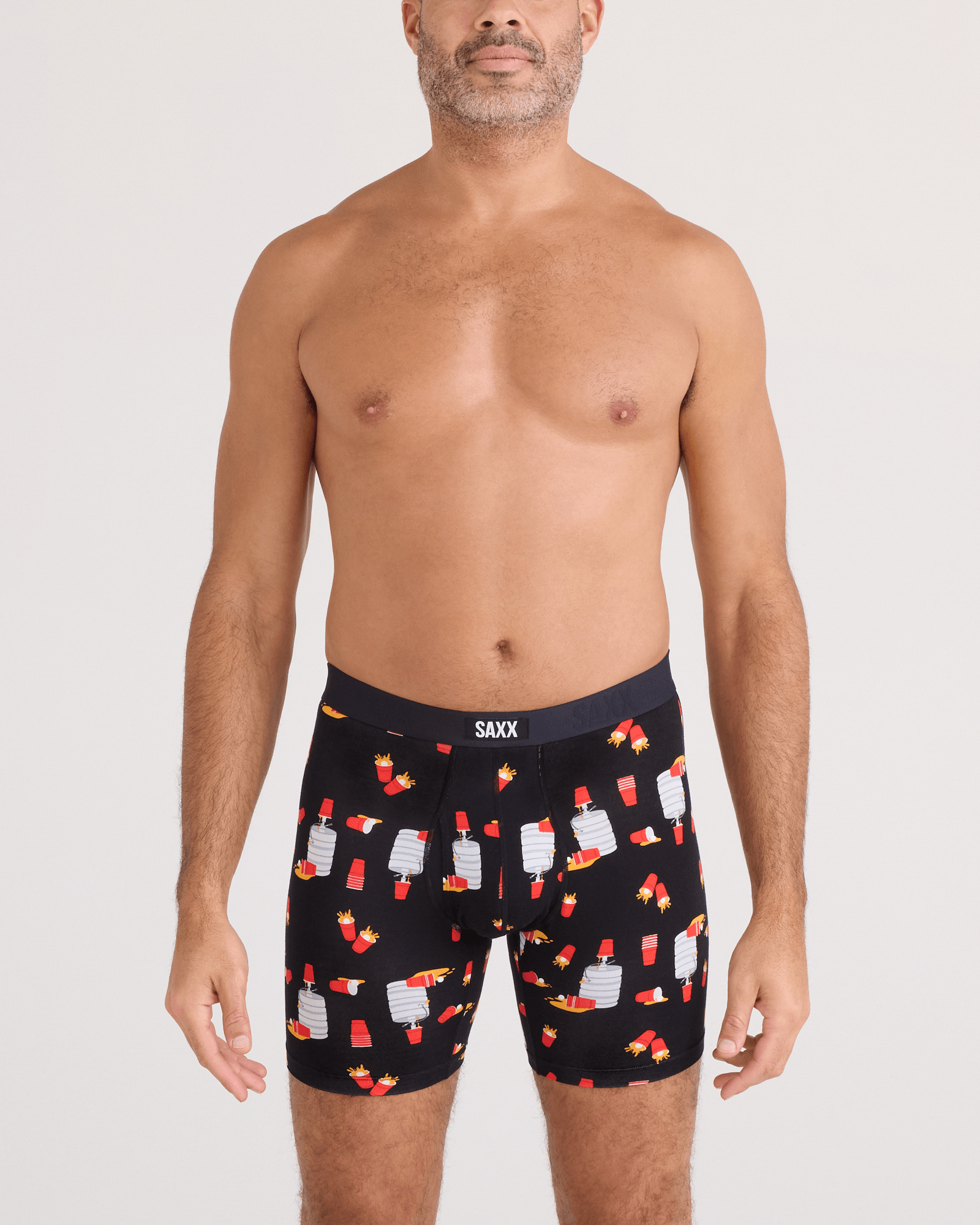 Front - Model wearing  Vibe Xtra Soft Comfort Boxer Brief Fly in Tapped Out-Black