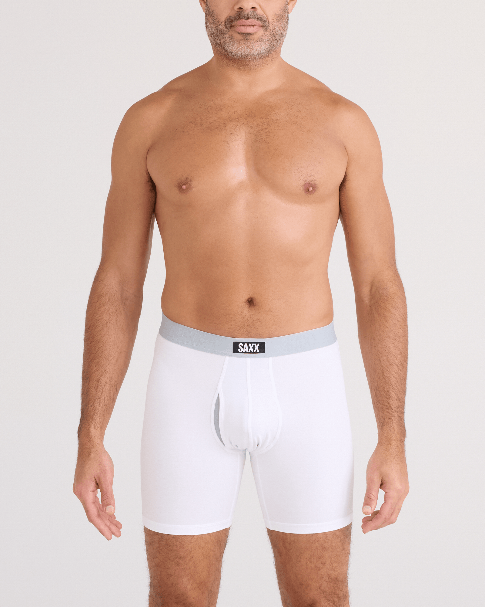 Front - Model wearing Vibe Xtra Soft Comfort Boxer Brief Fly in White