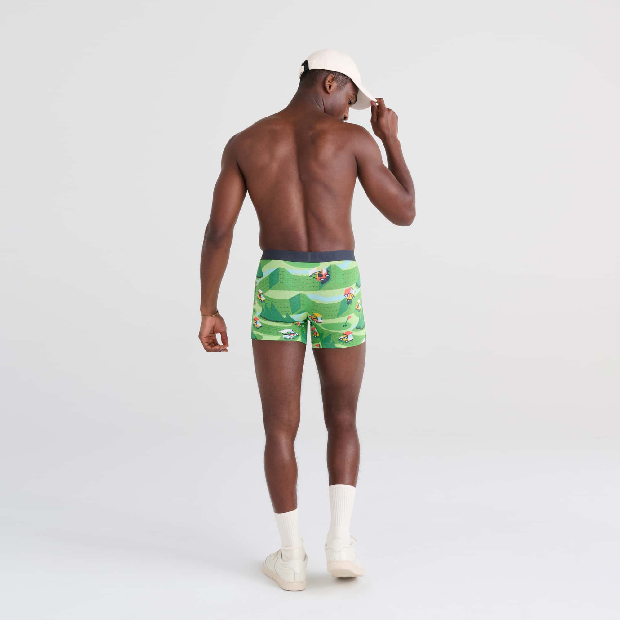 Back - Model wearing Vibe Boxer Brief in Excite Carts- Green