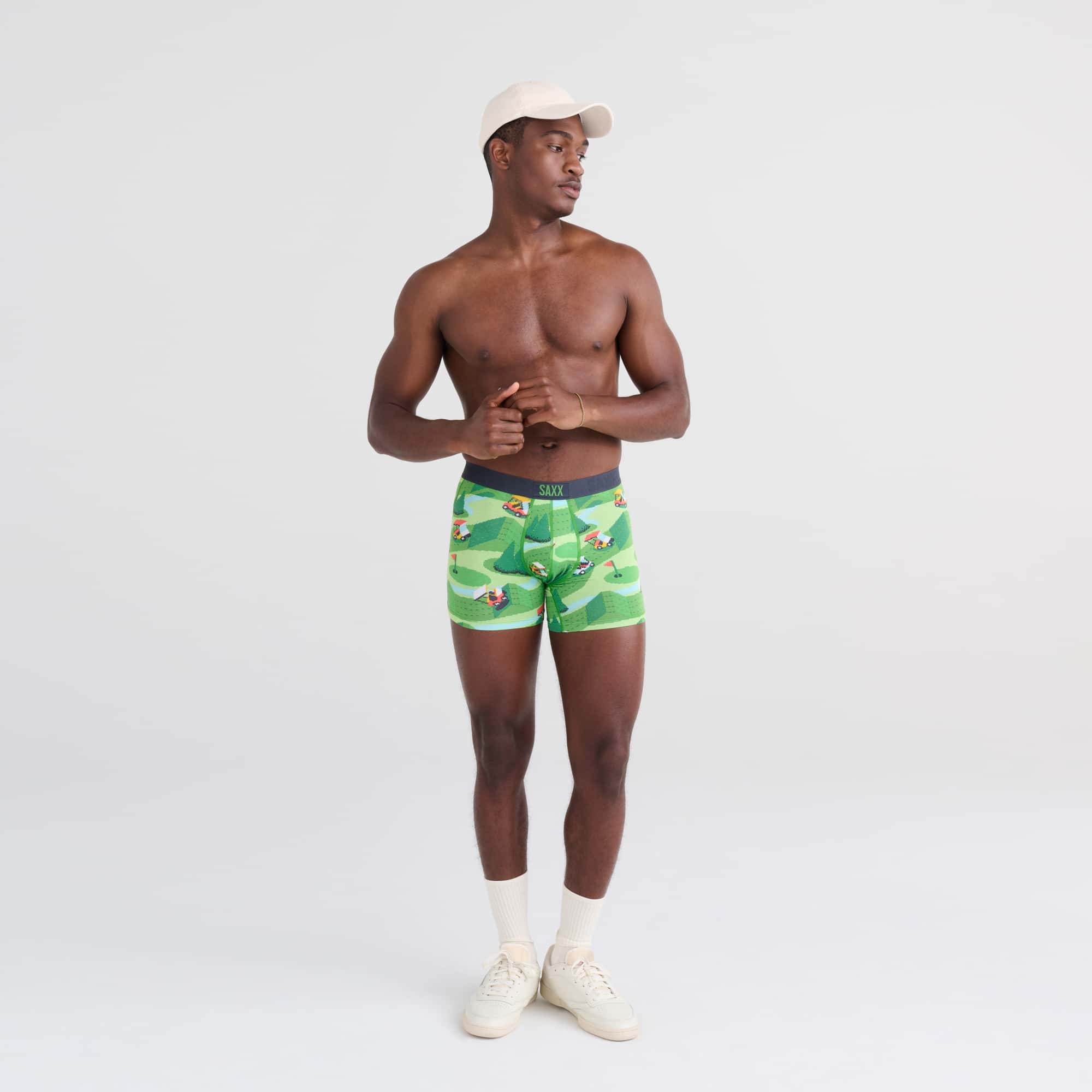 Front - Model wearing Vibe Boxer Brief in Excite Carts- Green