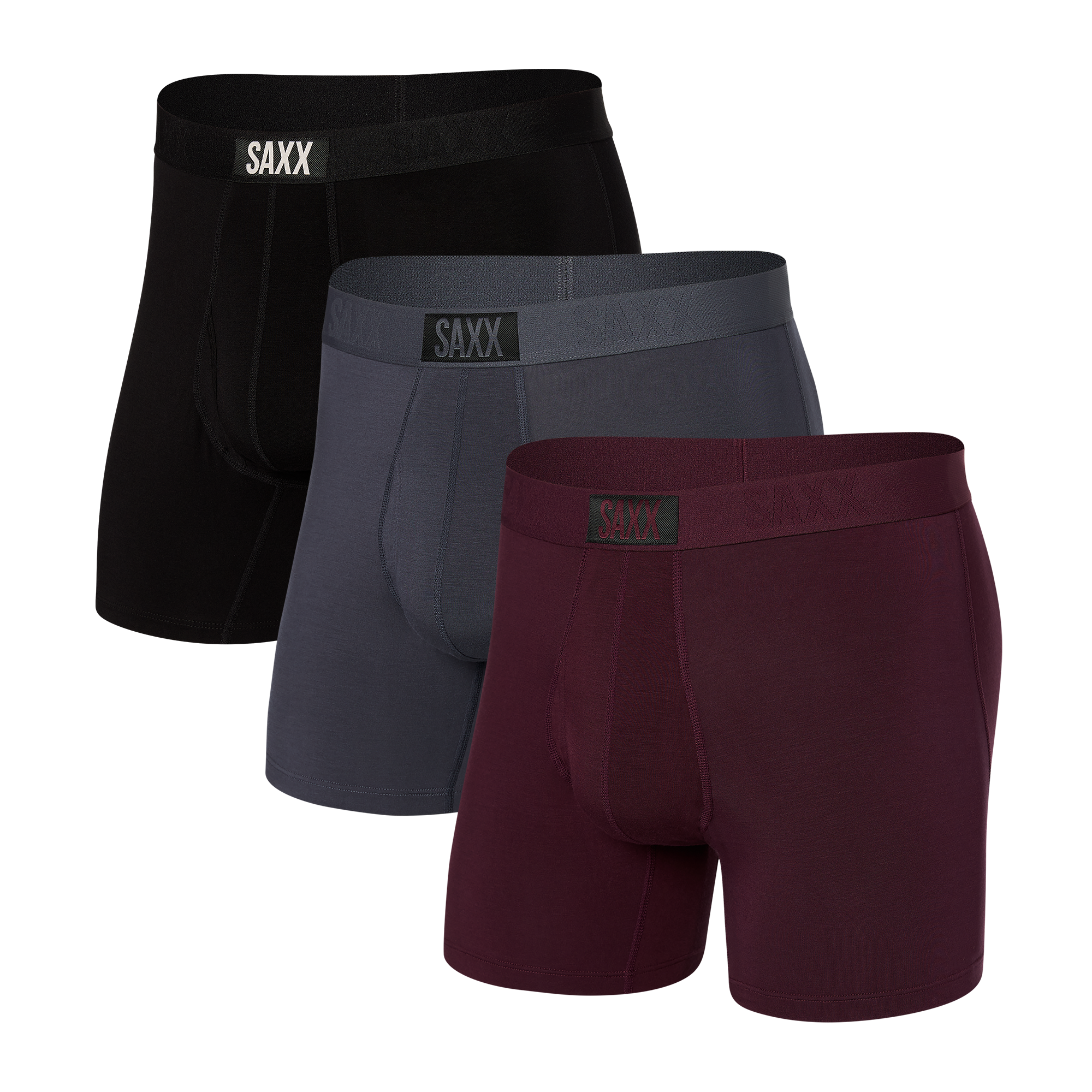 Front of Ultra Super Soft Boxer Brief Fly 3-Pack in Burnt Plum/Turbulence/Black