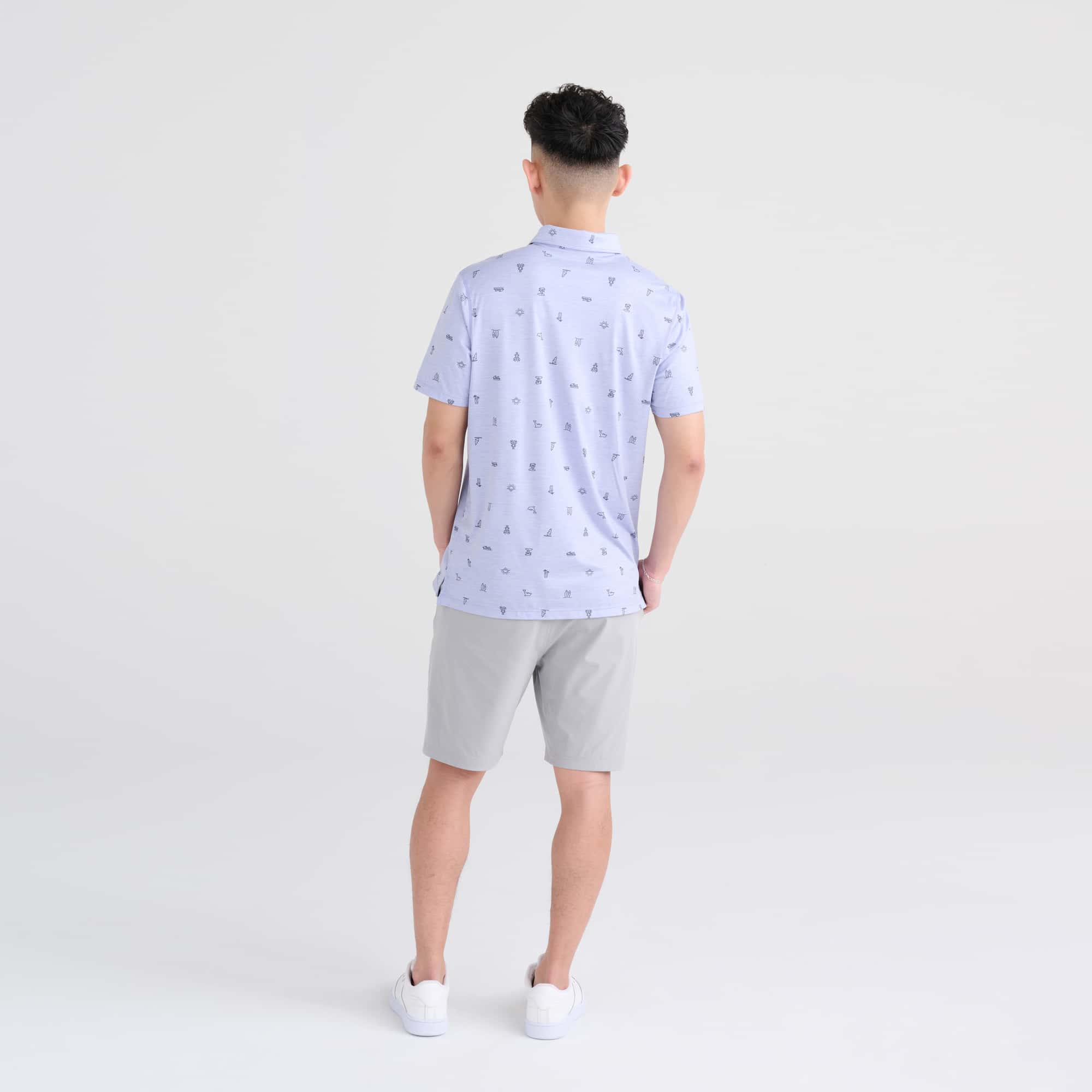 Back - Model wearing DropTemp All Day Cooling Polo in Summer Bits-Lavender Heather
