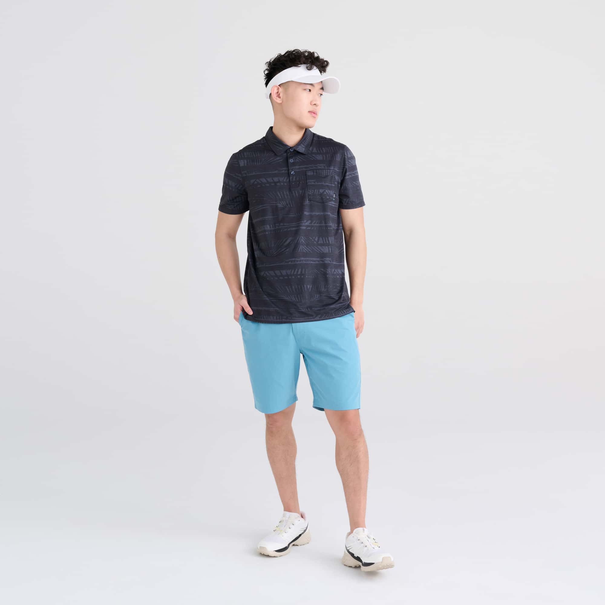 Front - Model wearing DropTemp All Day Cooling Polo in Shade Stripe- Turbulence