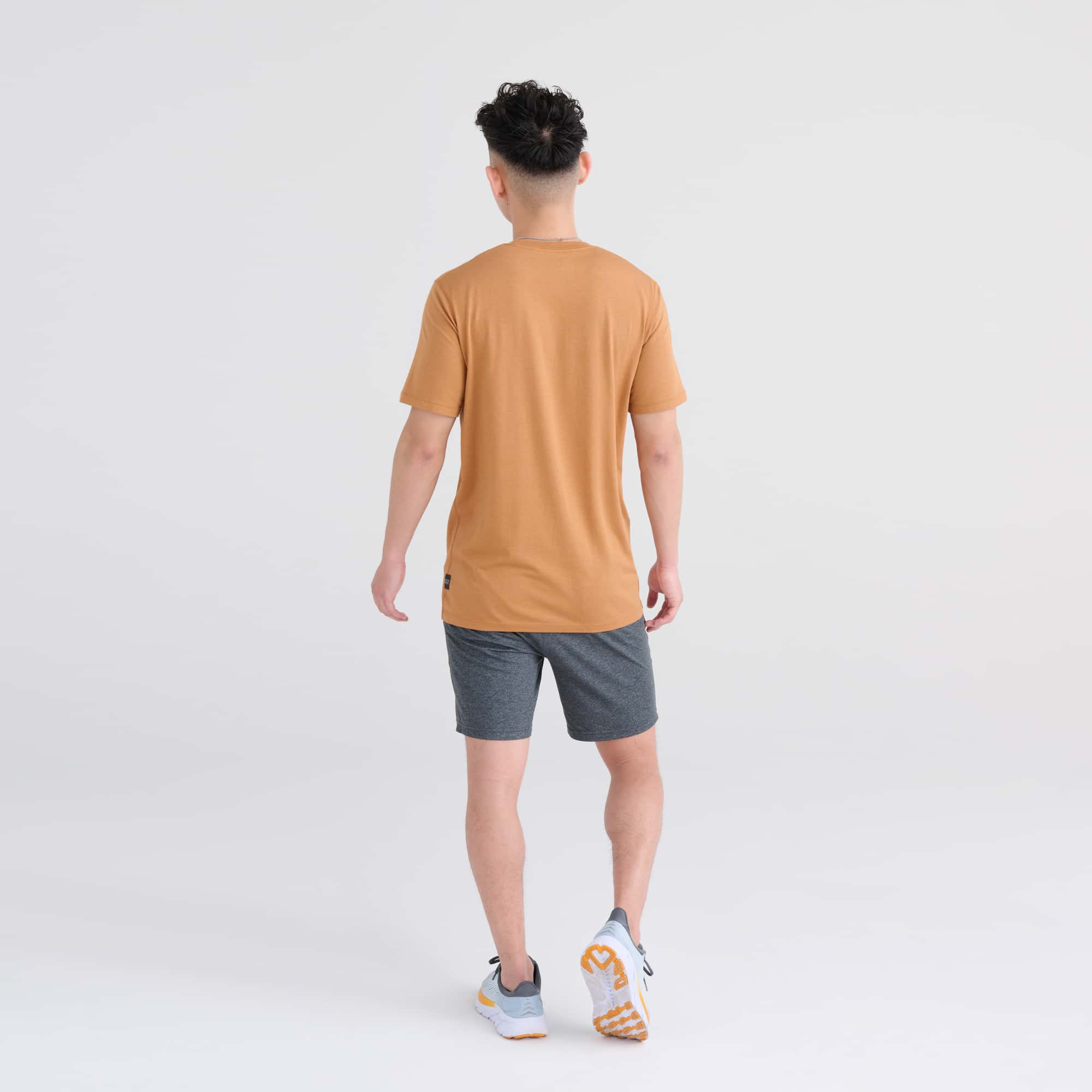 Back - Model wearing DropTemp Cooling Cotton Short Sleeve Crew in Butterscotch