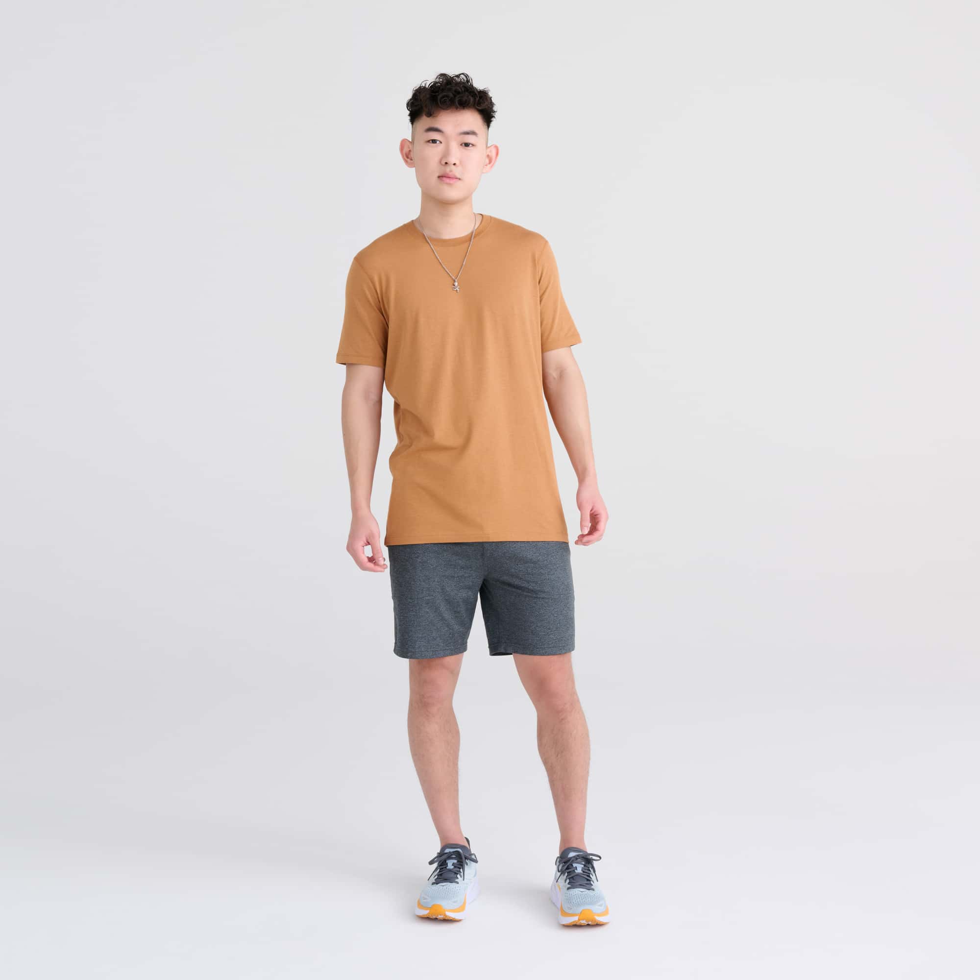 Front - Model wearing DropTemp Cooling Cotton Short Sleeve Crew in Butterscotch