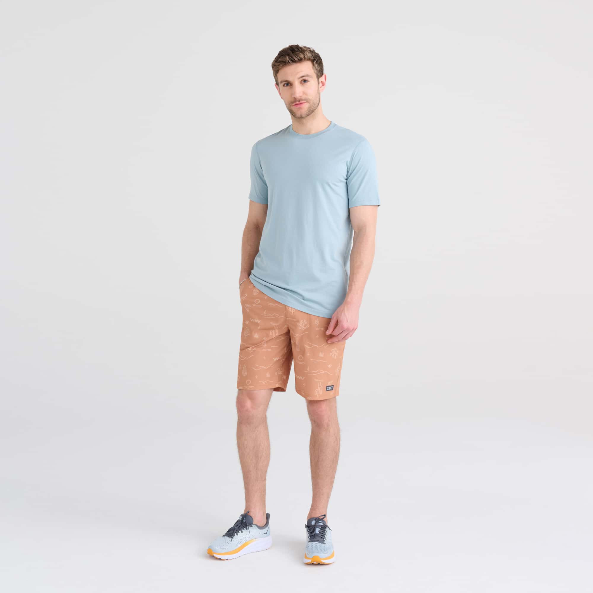 Front - Model wearing DropTemp Cooling Cotton Short Sleeve Crew in Clay Blue