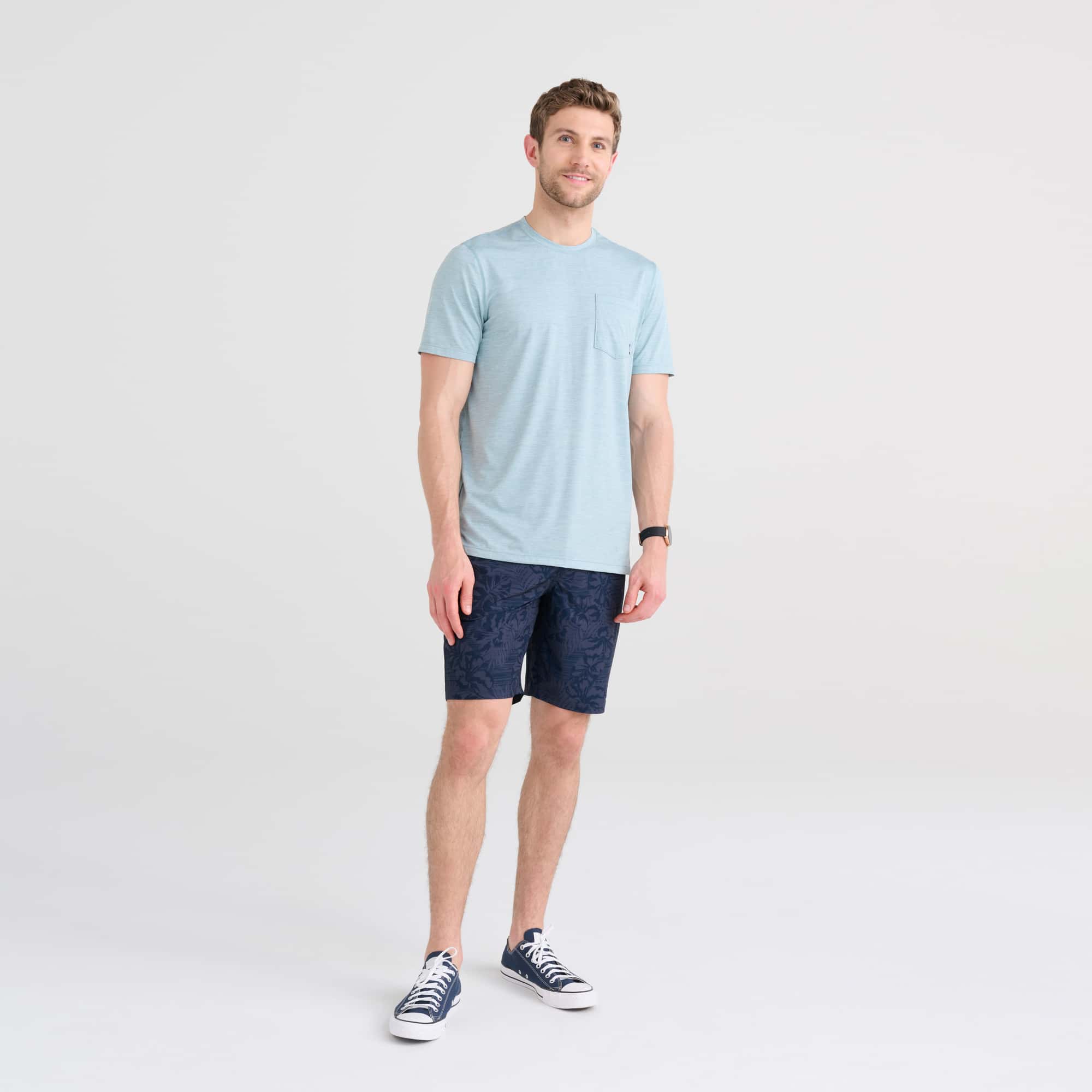 Front - Model wearing DropTemp All Day Cooling Short Sleeve Tee in Light Aqua Heather