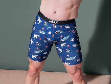 Close-up of a person wearing Long Leg SAXX Underwear Boxer Briefs