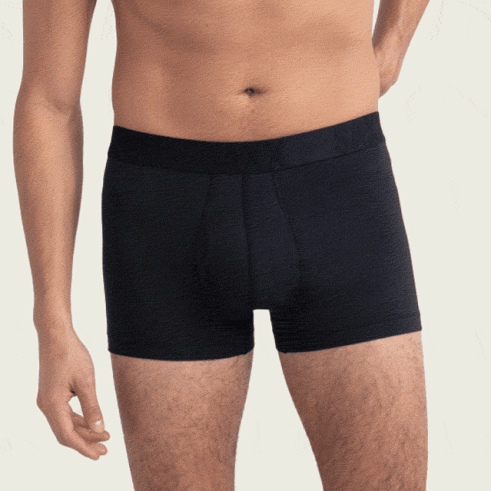 Man in black SAXX Boxer Briefs, followed by Briefs, then by Loose Fit Briefs, then by Long Leg Briefs, and finally Trunks.